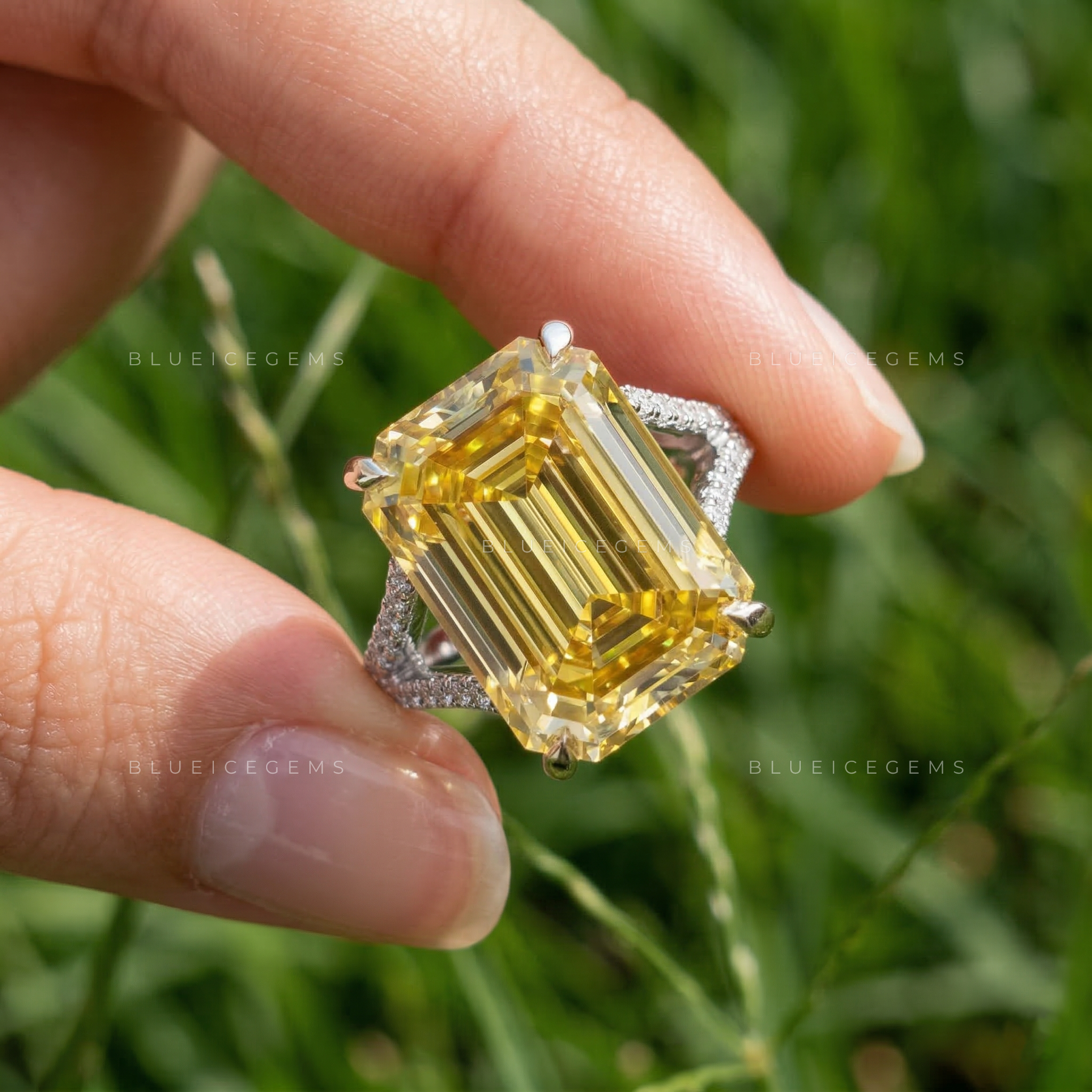 Golden Canary Emerald Cut Split Shank Ring