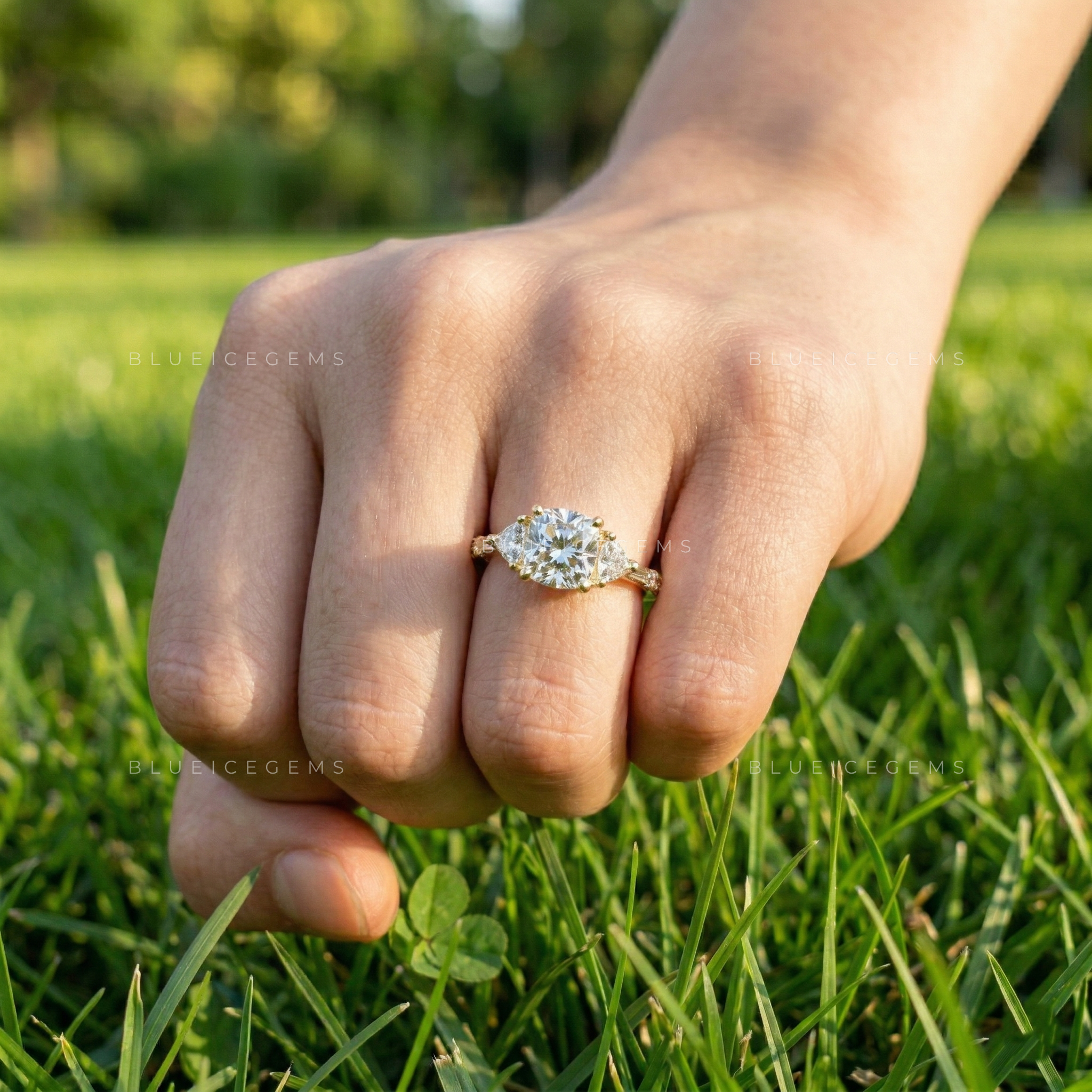 Radiant Cushion Cut Three Stone Multi-Shape Side Engagement Ring