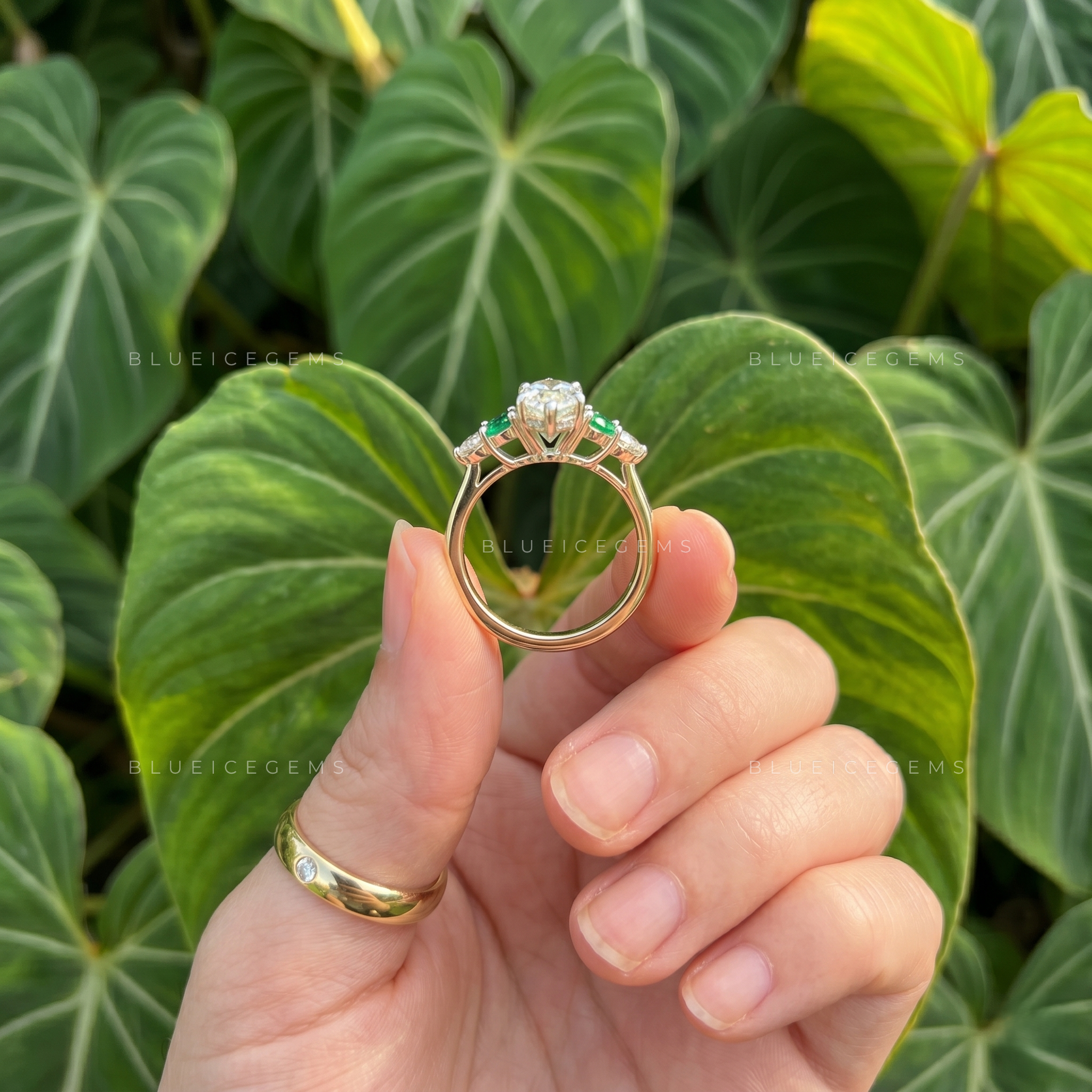 Enchanted Leaf Marquise Cut Engagement Ring with Emerald Accents
