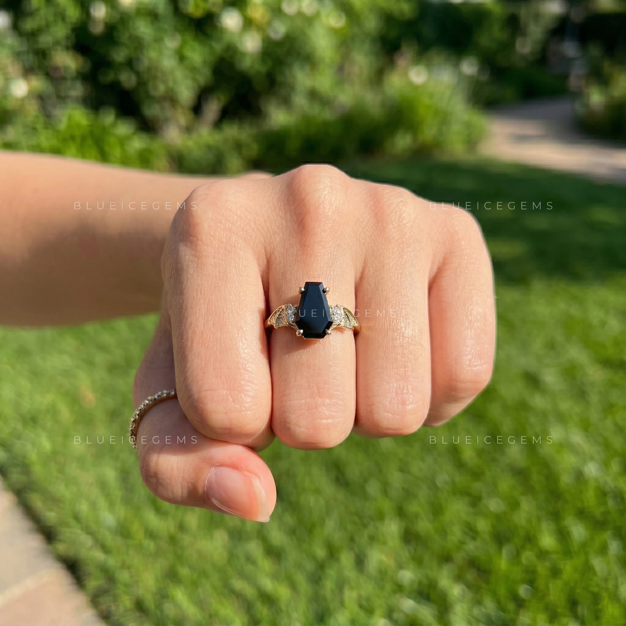 Midnight Noir Coffin Cut Black Moissanite Solitaire Accent Ring