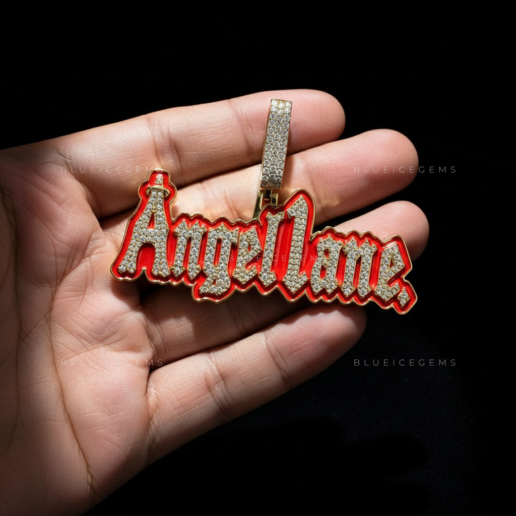 The "ANGEL LANE" Signature: Crimson Enamel & Gothic script Fusion Pendant