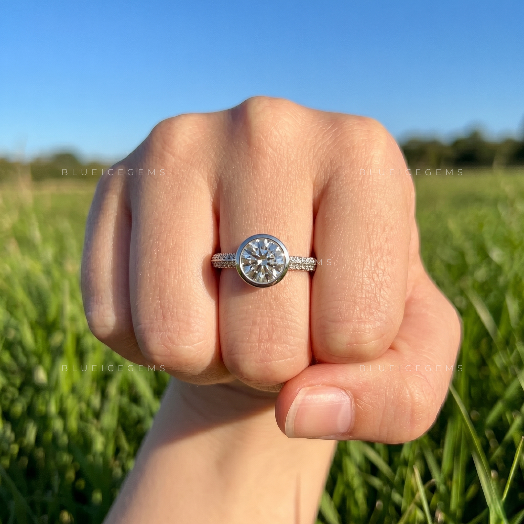 Luminous Horizon Bezel Set Round Brilliant Double Pave Engagement Ring
