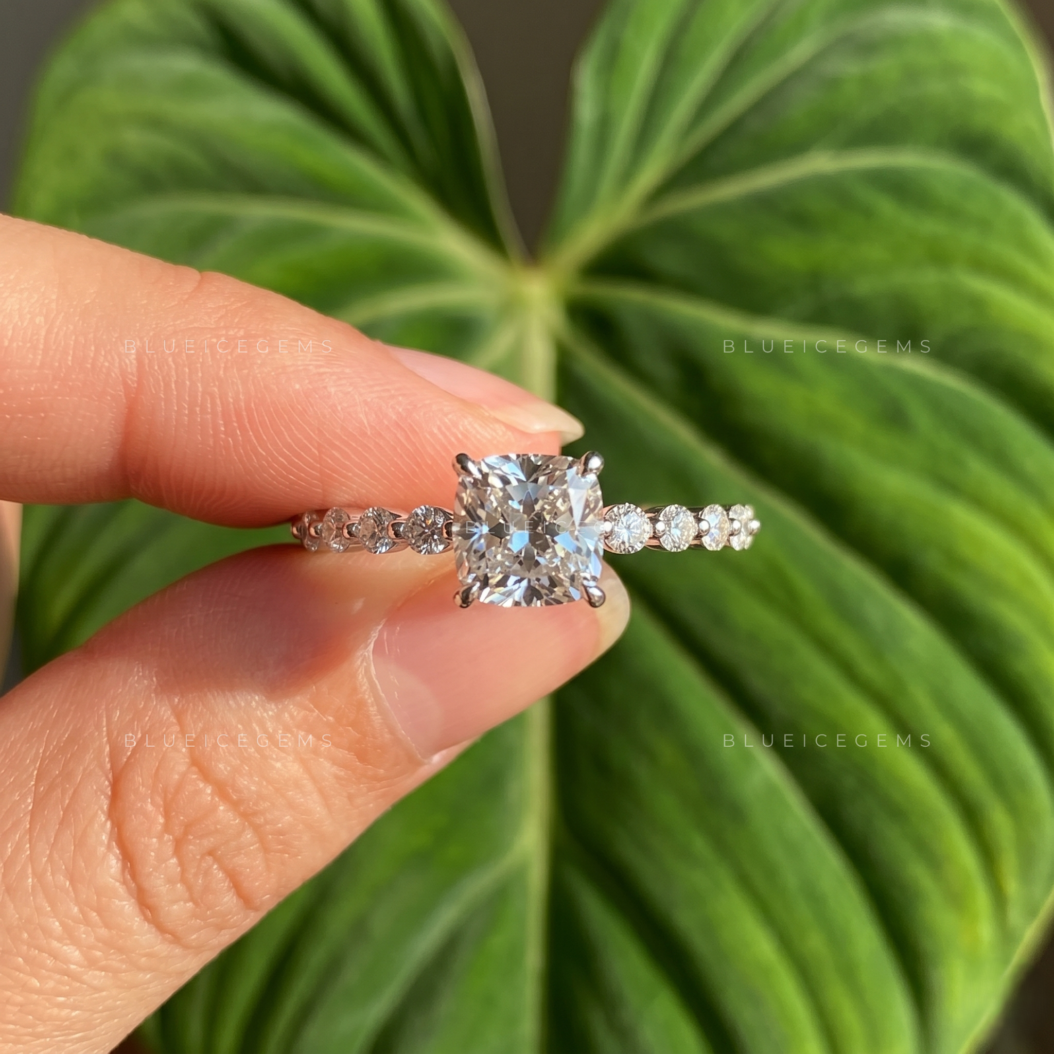 Elegance Cushion Cut Diamond Solitaire Ring with Side Accents