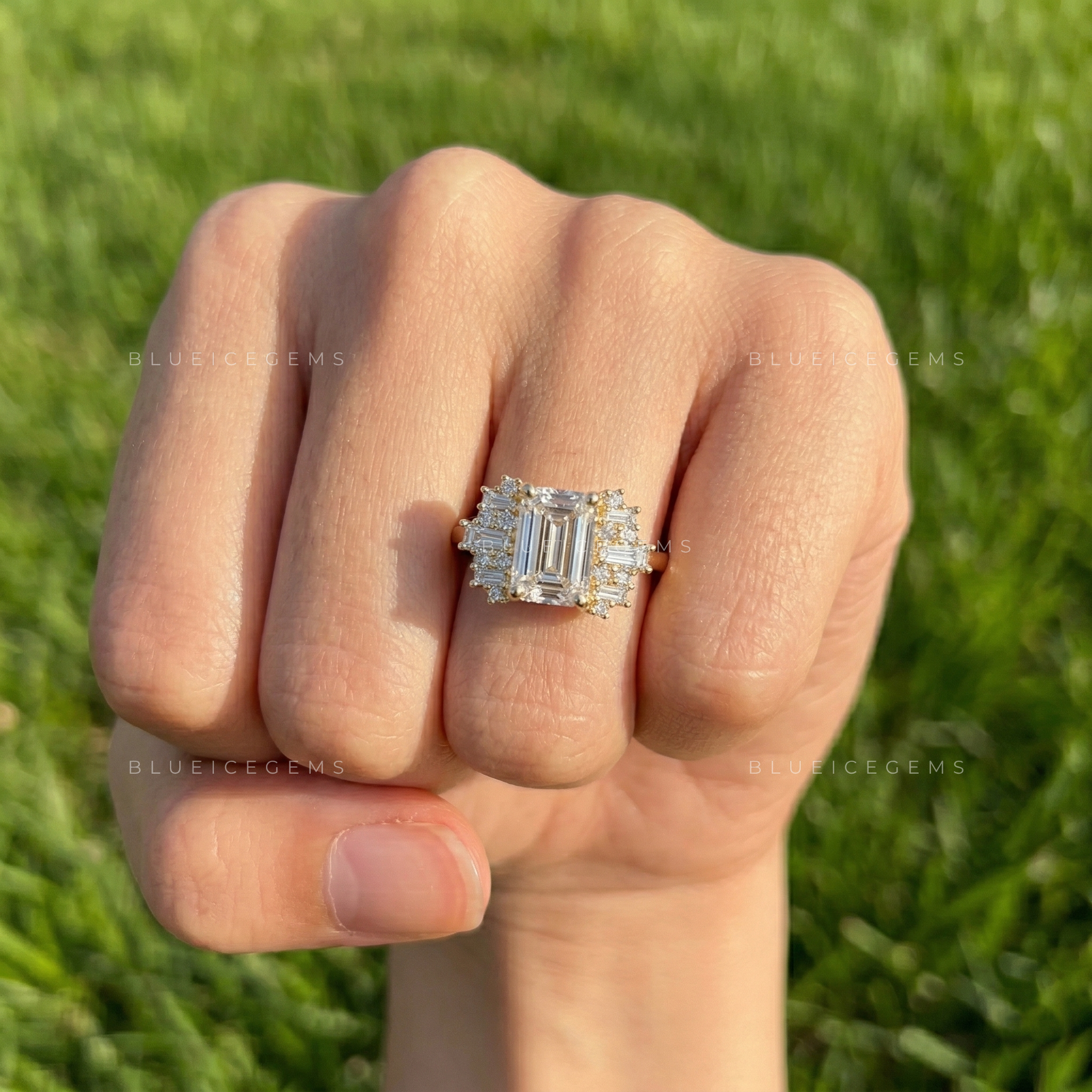 Sophisticated Emerald Cut Three Stone Side Tapered Baguette Engagement Ring