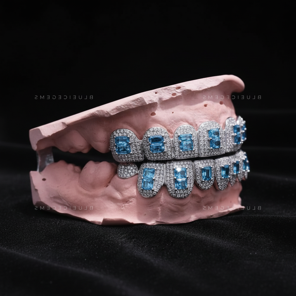 Oceanic Frost Aquamarine Shield Full-Set Grillz