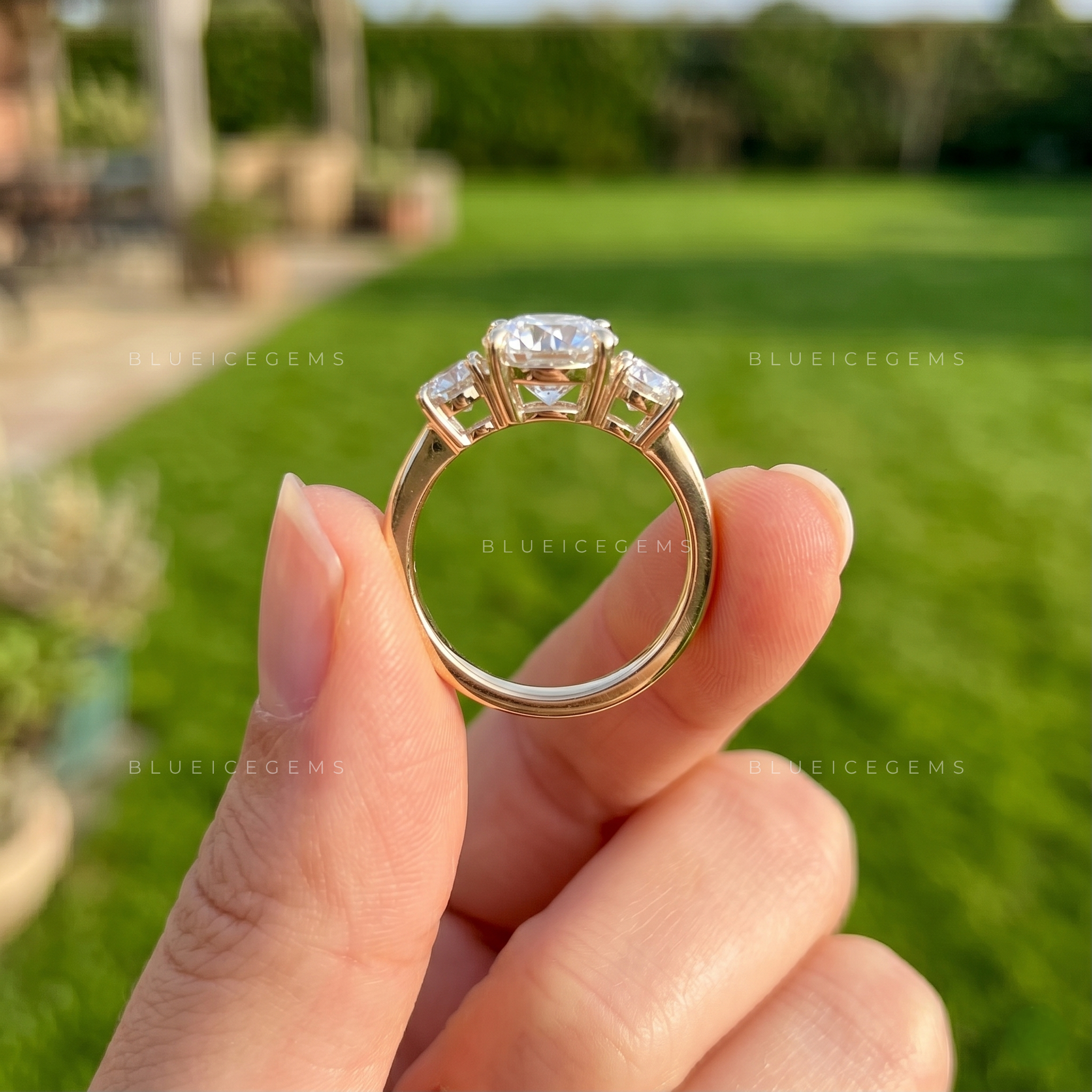 Radiant Three-Stone Round Brilliant Cut Heirloom Engagement Ring