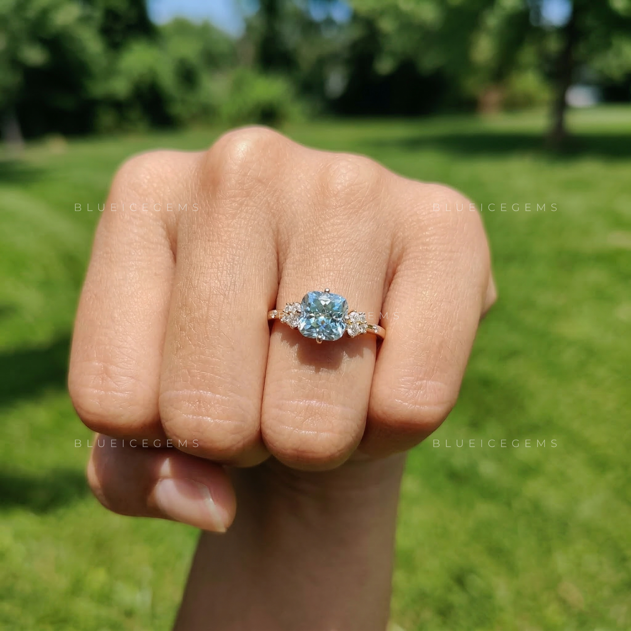 Cerulean Radiance Cushion Rensu Cut Pavé Ring