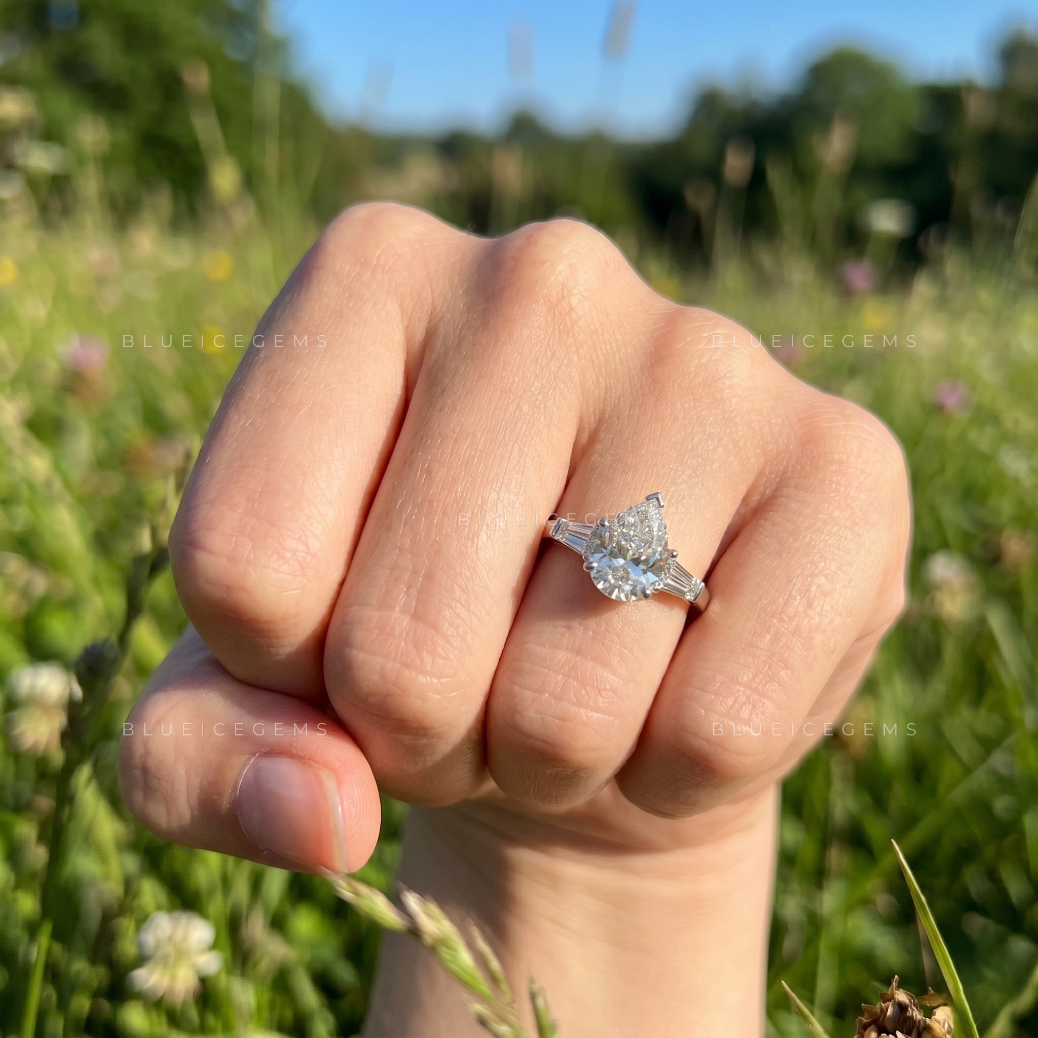 Elegant Trilogy Pear Cut with Tapered Baguette Side Stones Engagement Ring