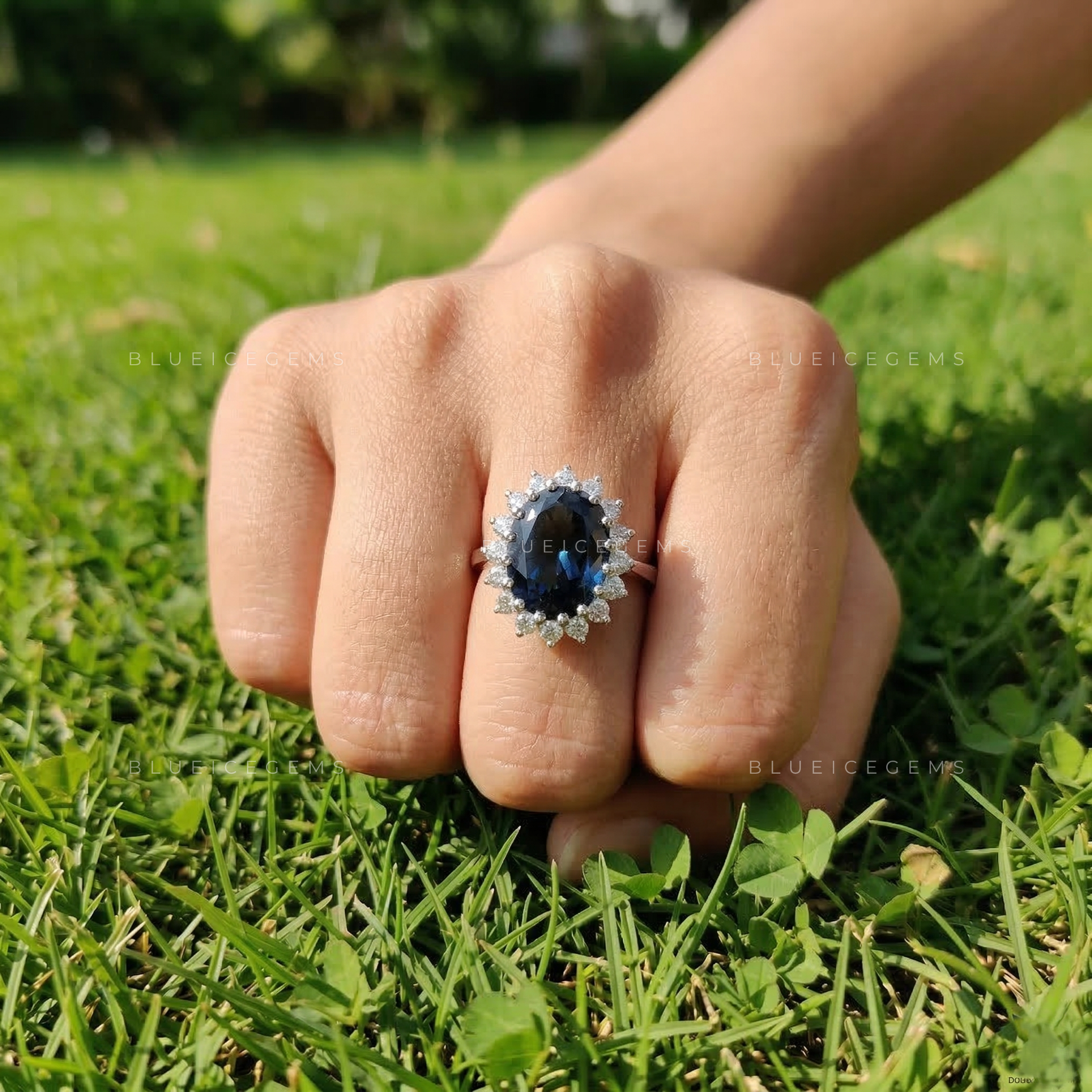 Celestial Azure Blue Topaz and Lab Grown Diamond Halo Ring