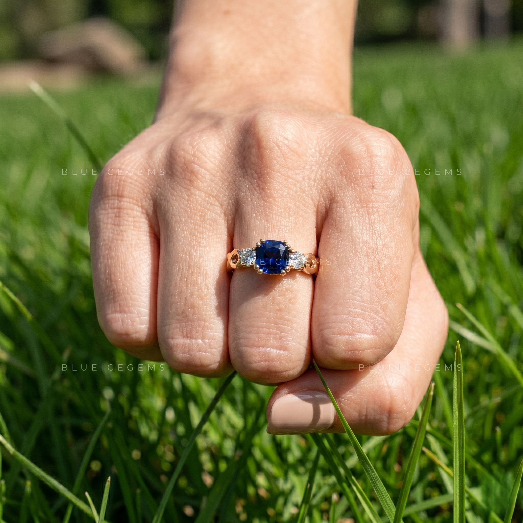 Royal Splendor Cushion Cut Sapphire and Round Brilliant Accent Engagement Ring