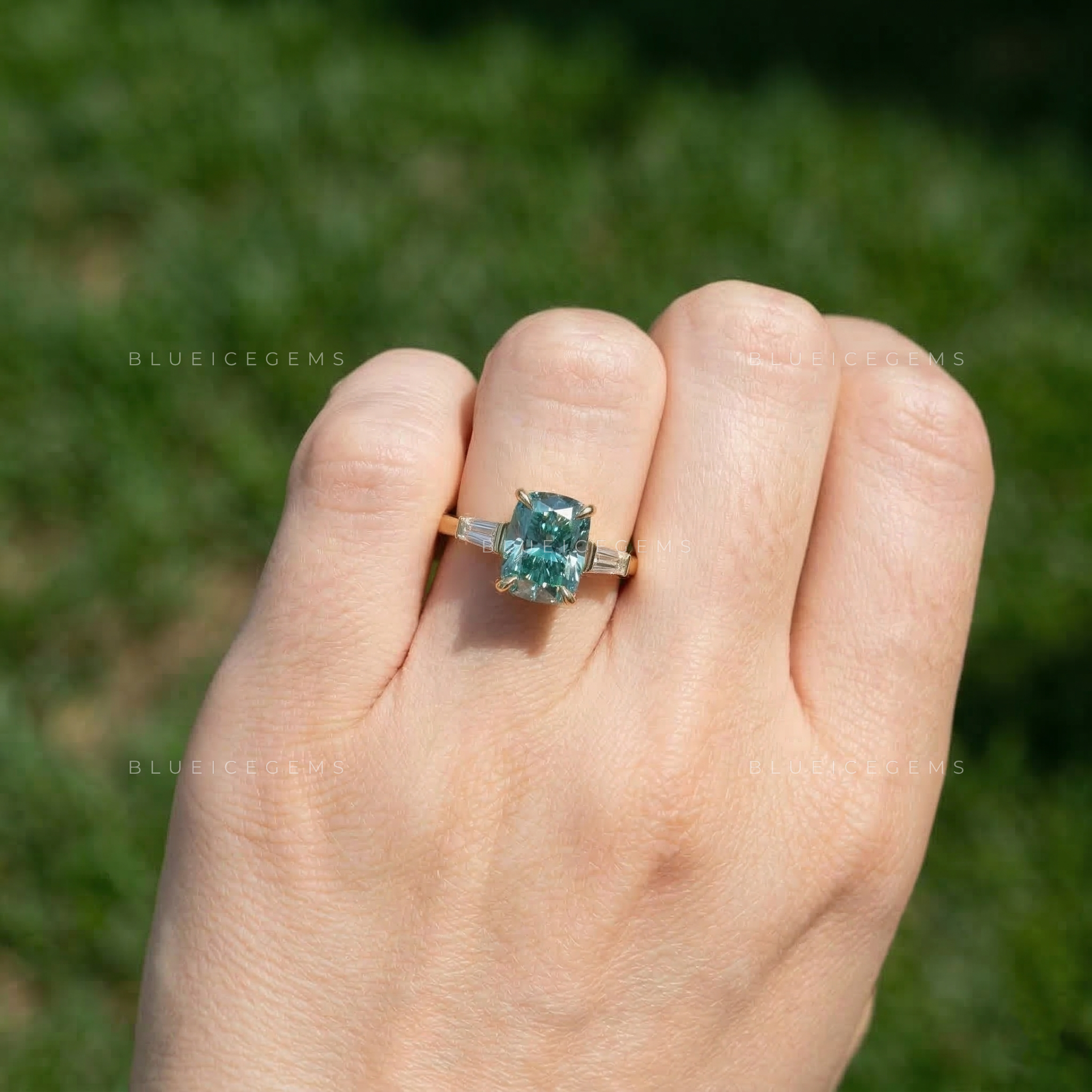 Cerulean Sky Elongated Cushion Tapered Baguette Ring
