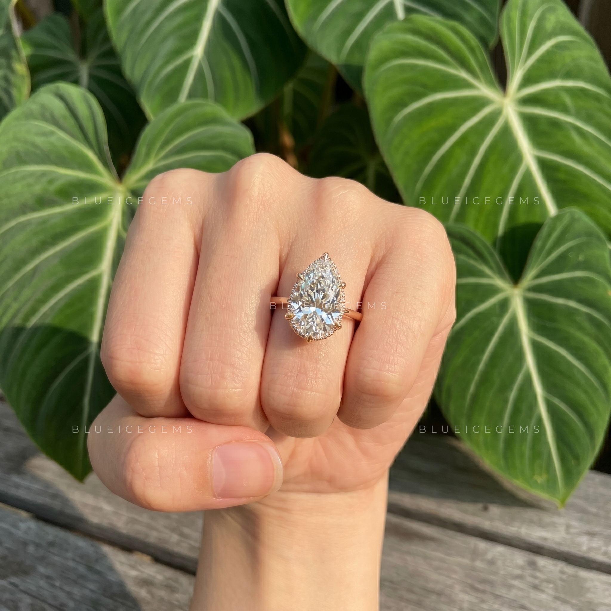 Nature Inspired Pear Cut Hidden Halo Leaf Prong Engagement Ring