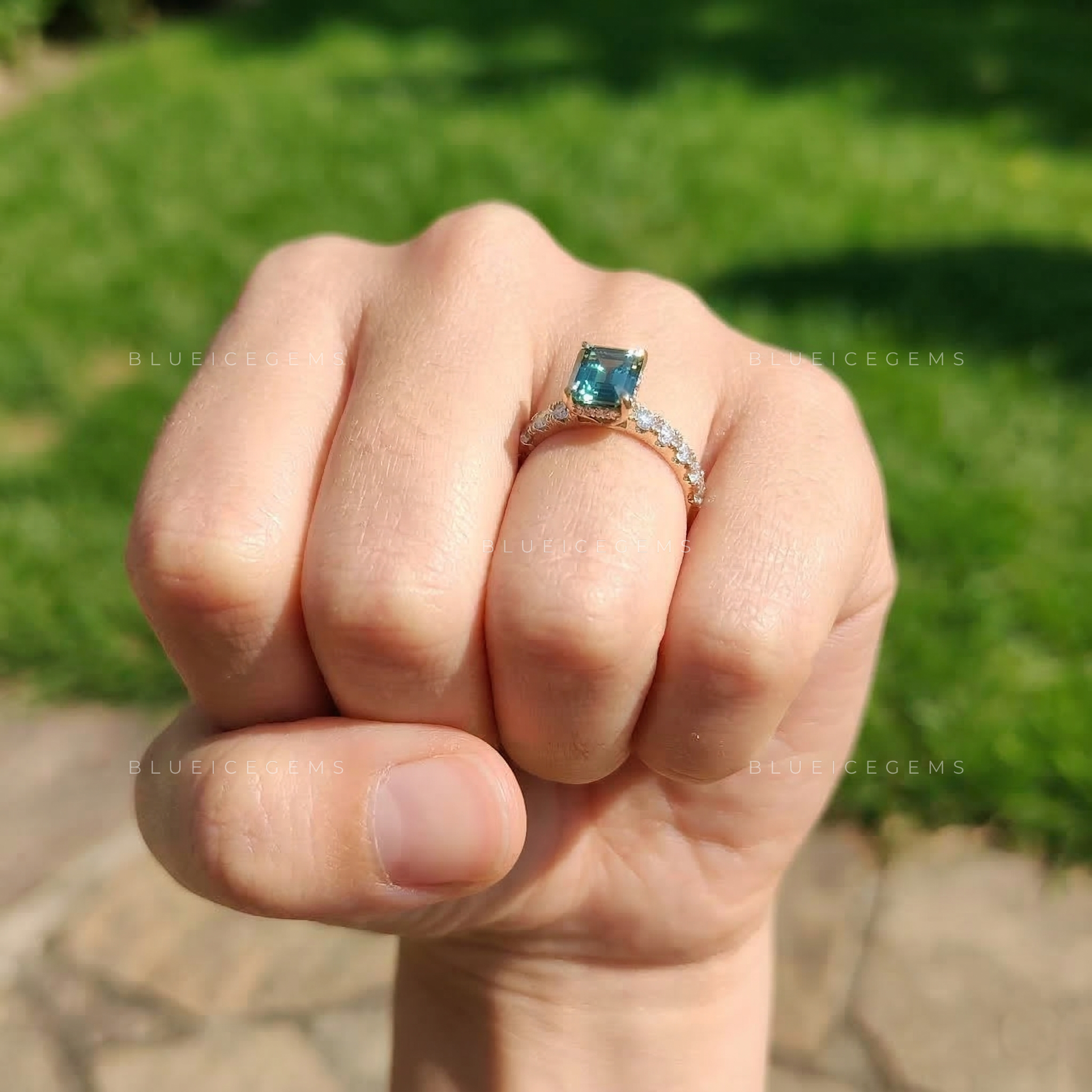 Azure Horizon Emerald Cut Cyan Blue Trilogy Ring