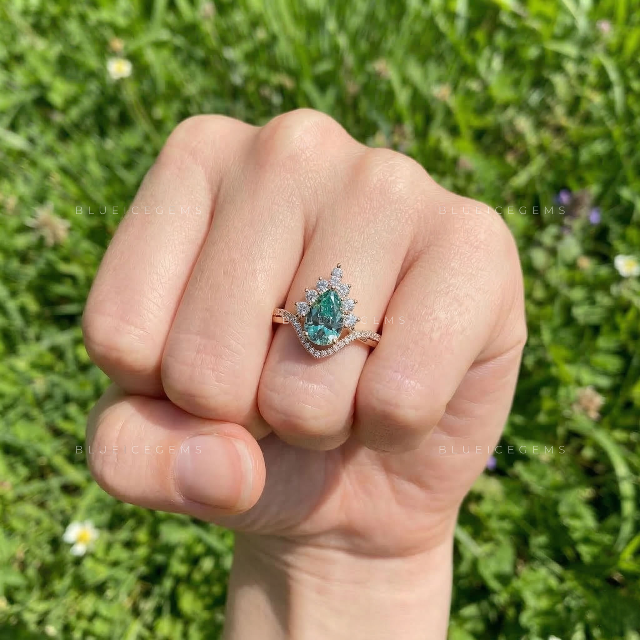 Azure Waters Pear Cut Cyan Blue Floral Ring