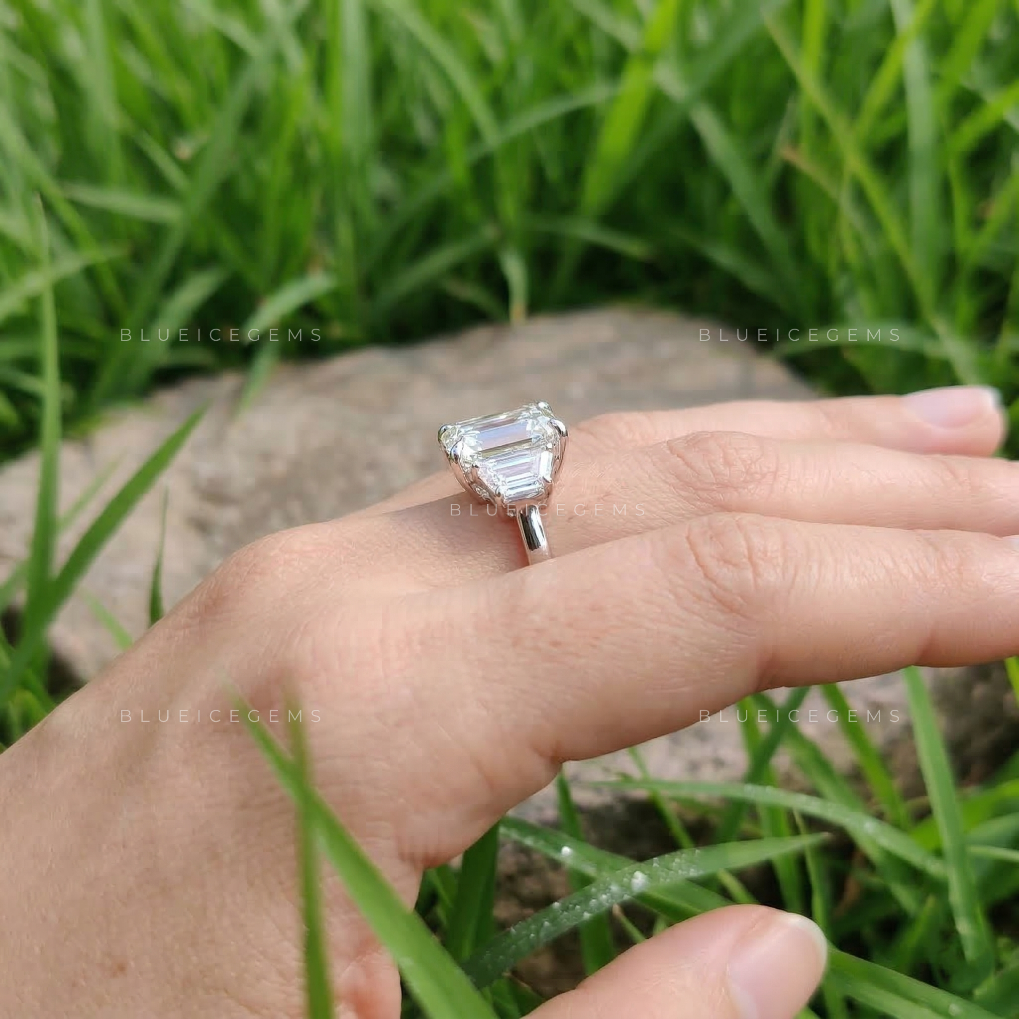 Art Deco Opulence Emerald Trapezoid Three Stone Ring