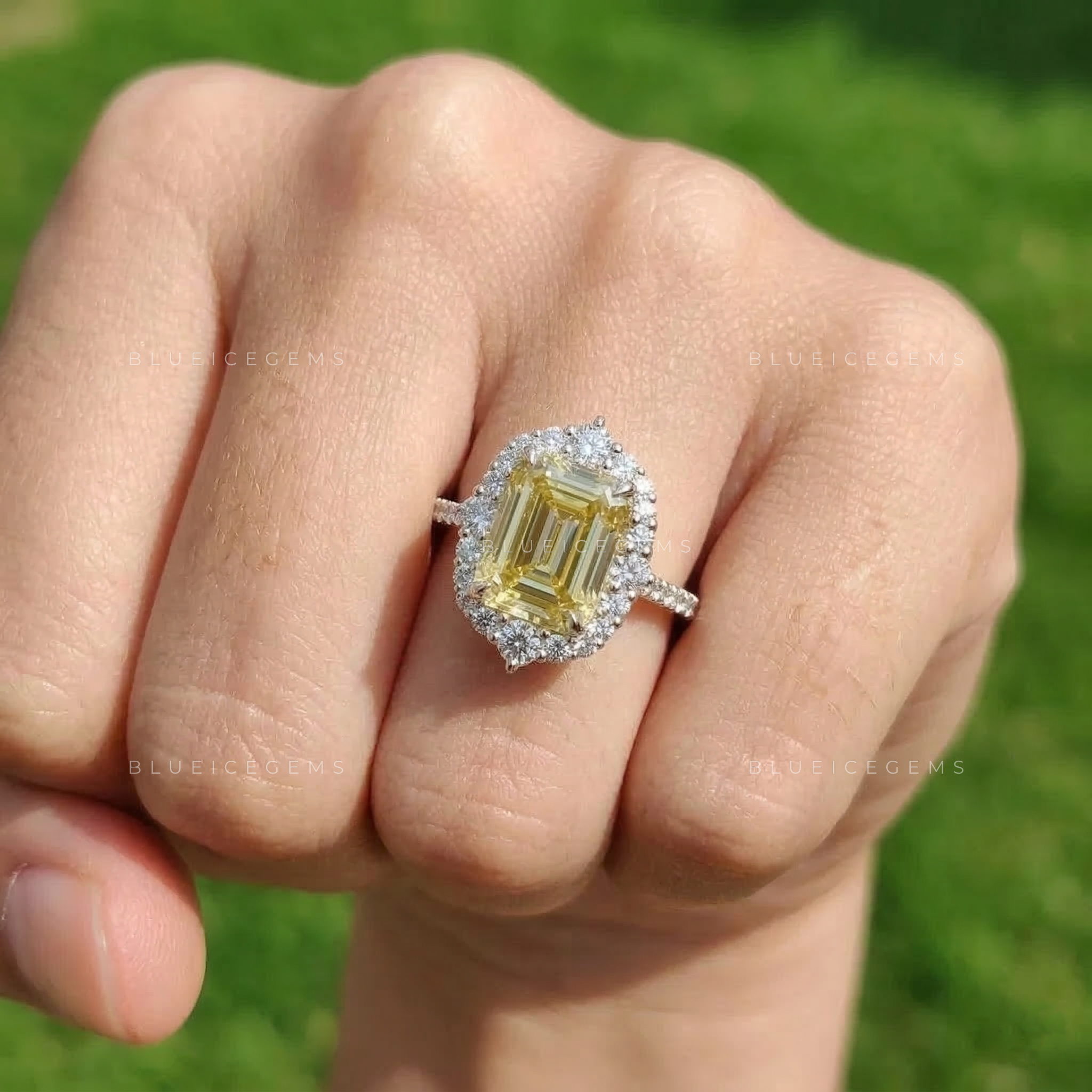 Gilded Majesty Canary Radiant Emerald Cut Halo Ring