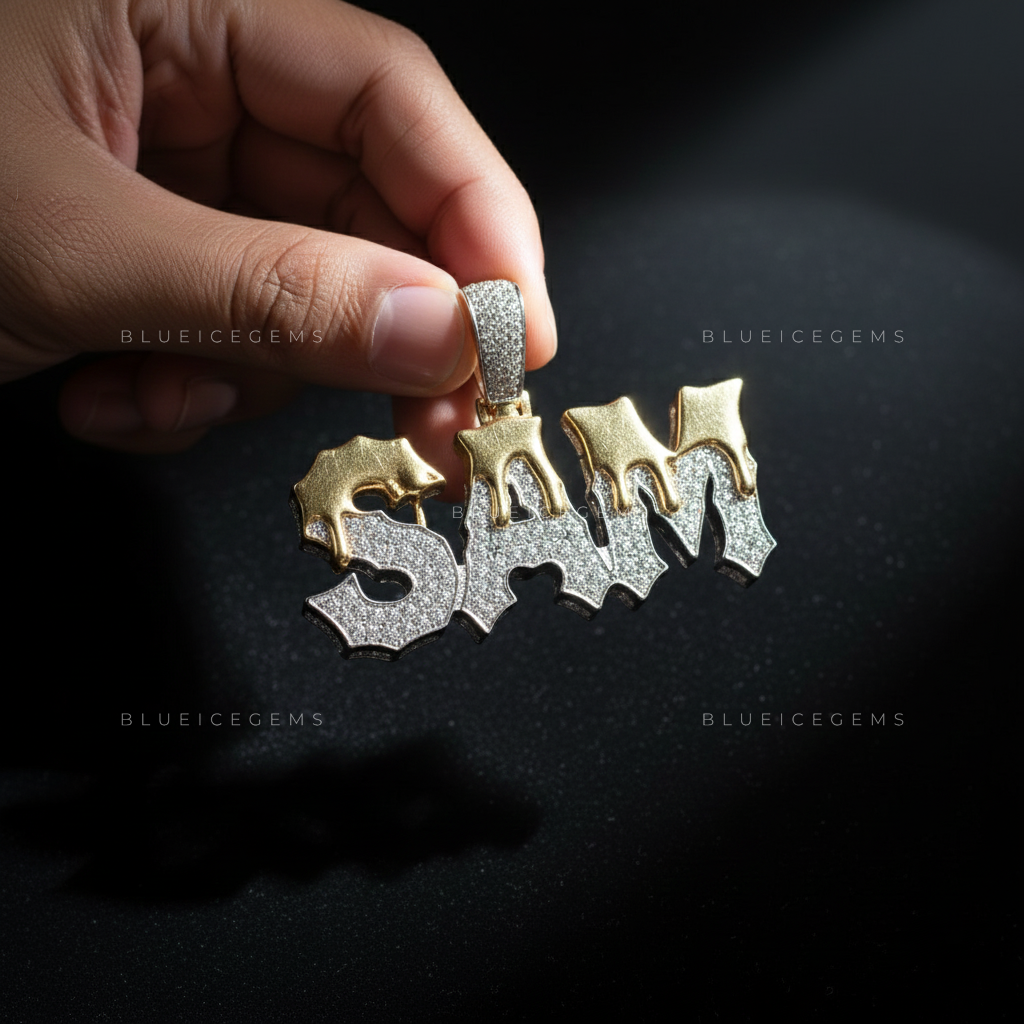 "SAM" Custom Two-Tone Iced-Out Pendant with Liquid Drip Detail