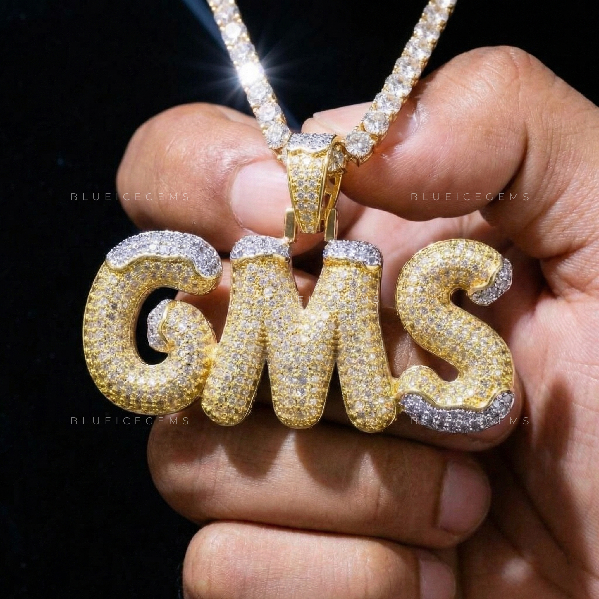 The "GMS" Arctic Gold: Snow-Capped 3D Bubble Script Two-Tone Pendant