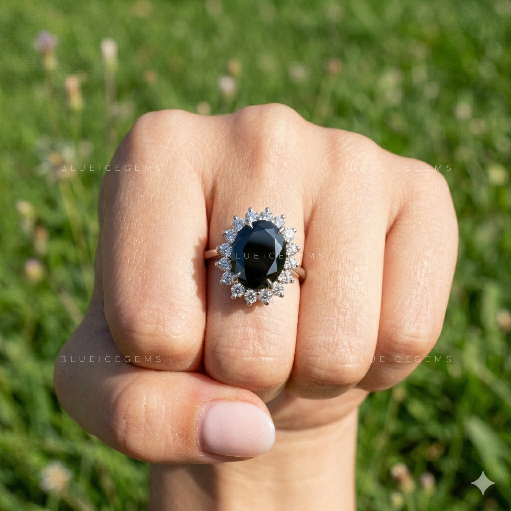 Midnight Noir Oval Cut Black Moissanite Hidden Halo Ring