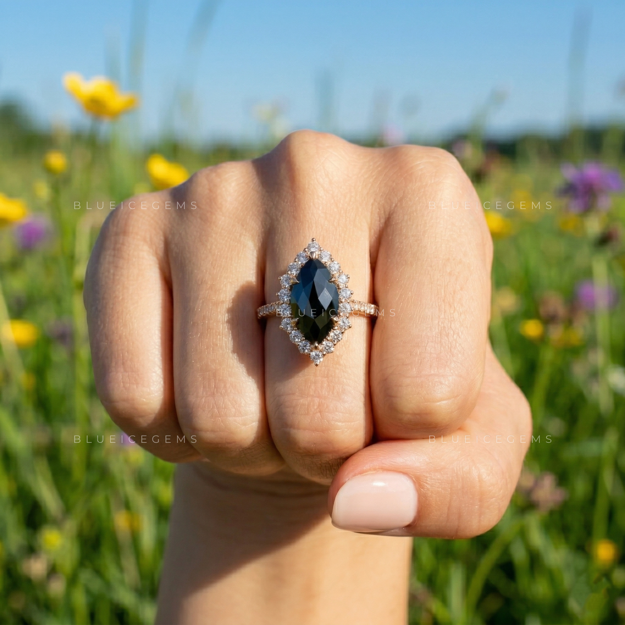 Midnight Botanical Marquise Flower Rose Cut Black Diamond Ring