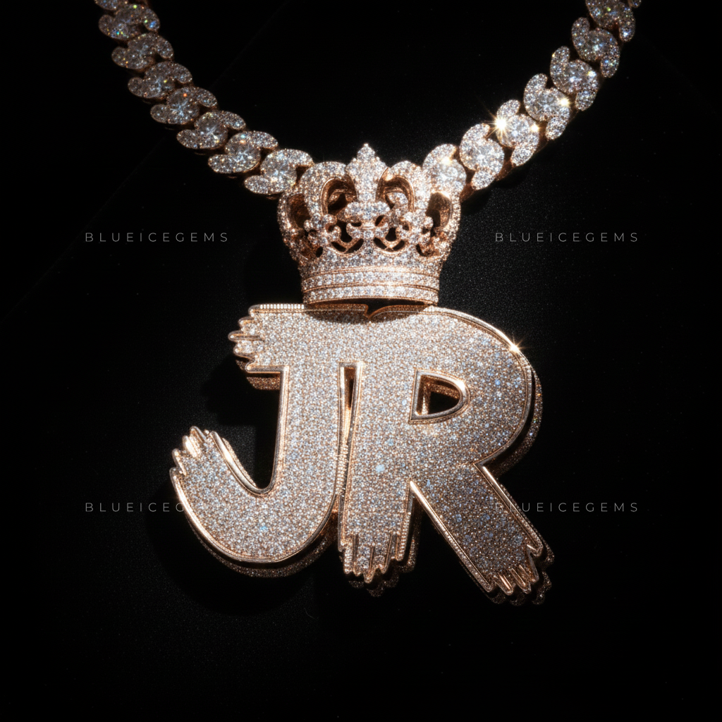 "JR" Custom 3D Bubble Initial Pendant with Majestic Crown