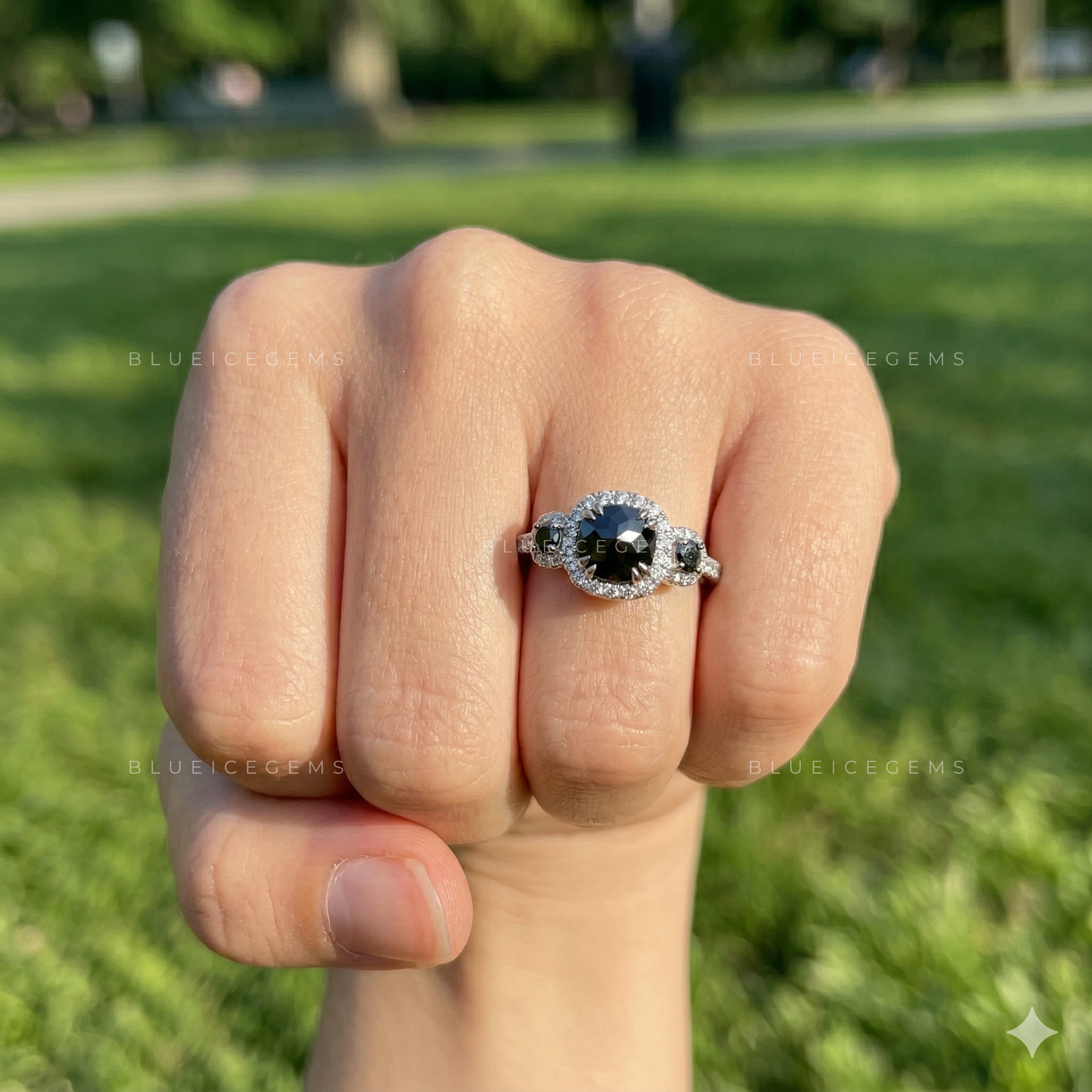 Midnight Noir Flower Cushion Cut Black Diamond Vintage Halo Ring