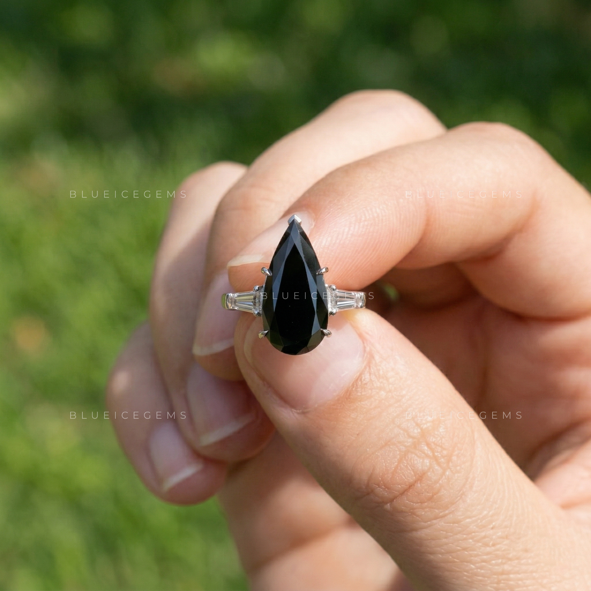 Midnight Noir Elongated Pear Cut Black Moissanite Art Deco Ring