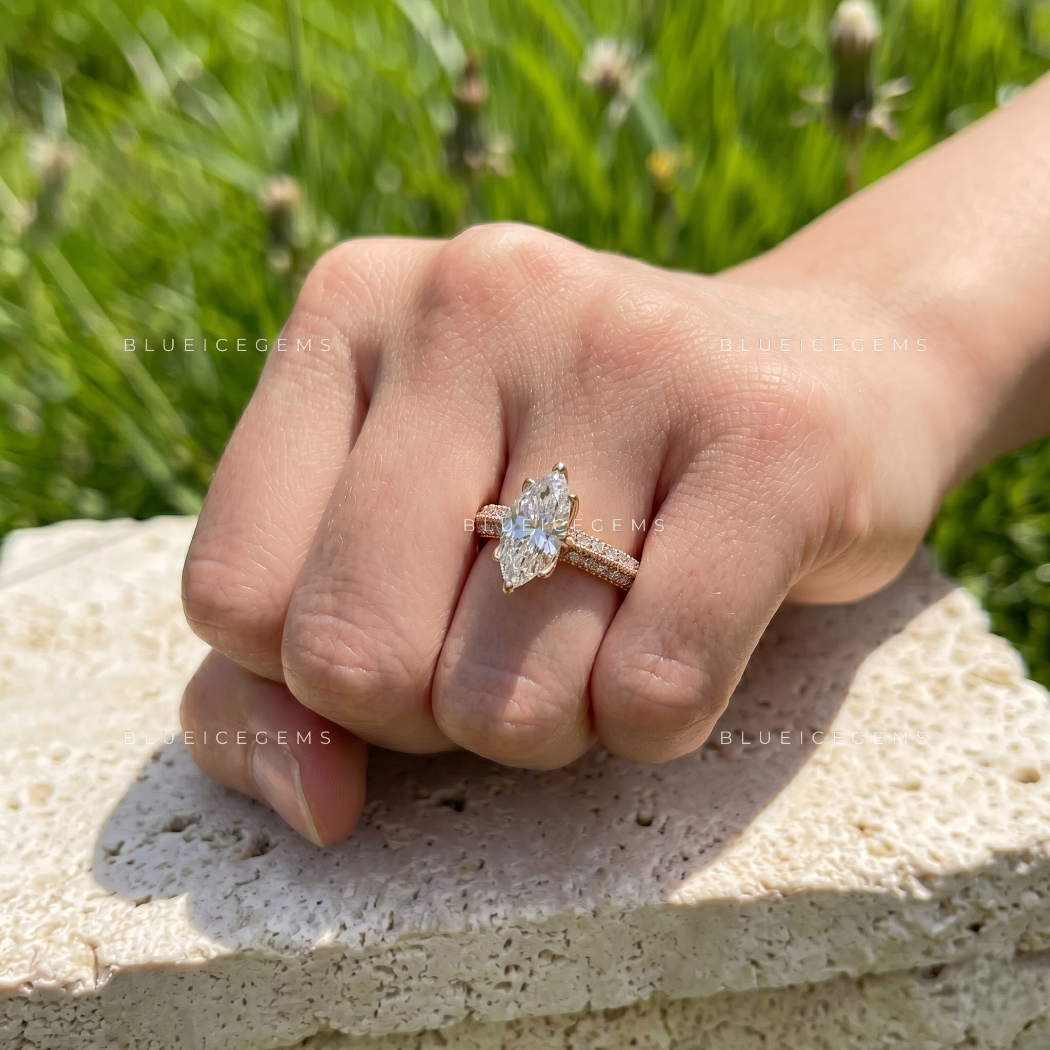 Opulent Crest Marquise Cut Side Stone Engagement Ring
