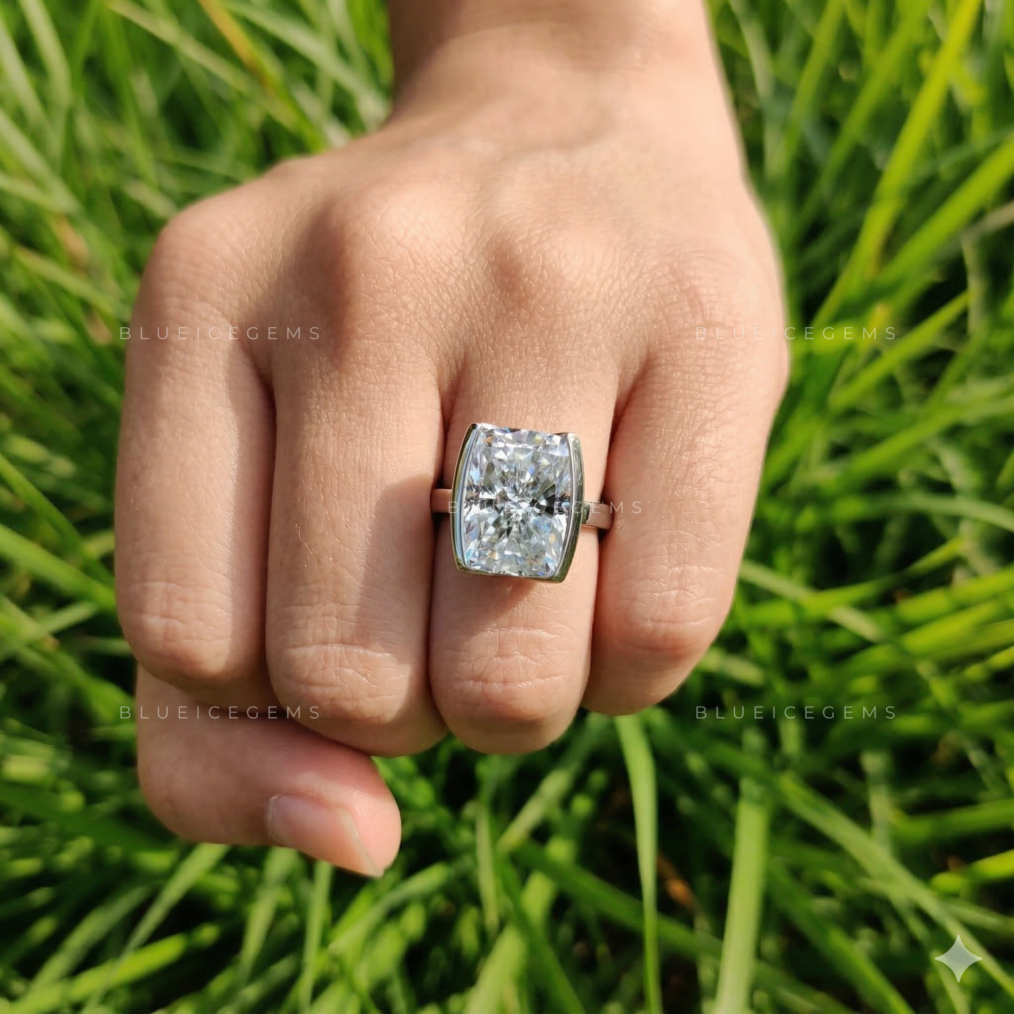 Divine Elongated Cushion Half Bezel Solitaire Statement Ring