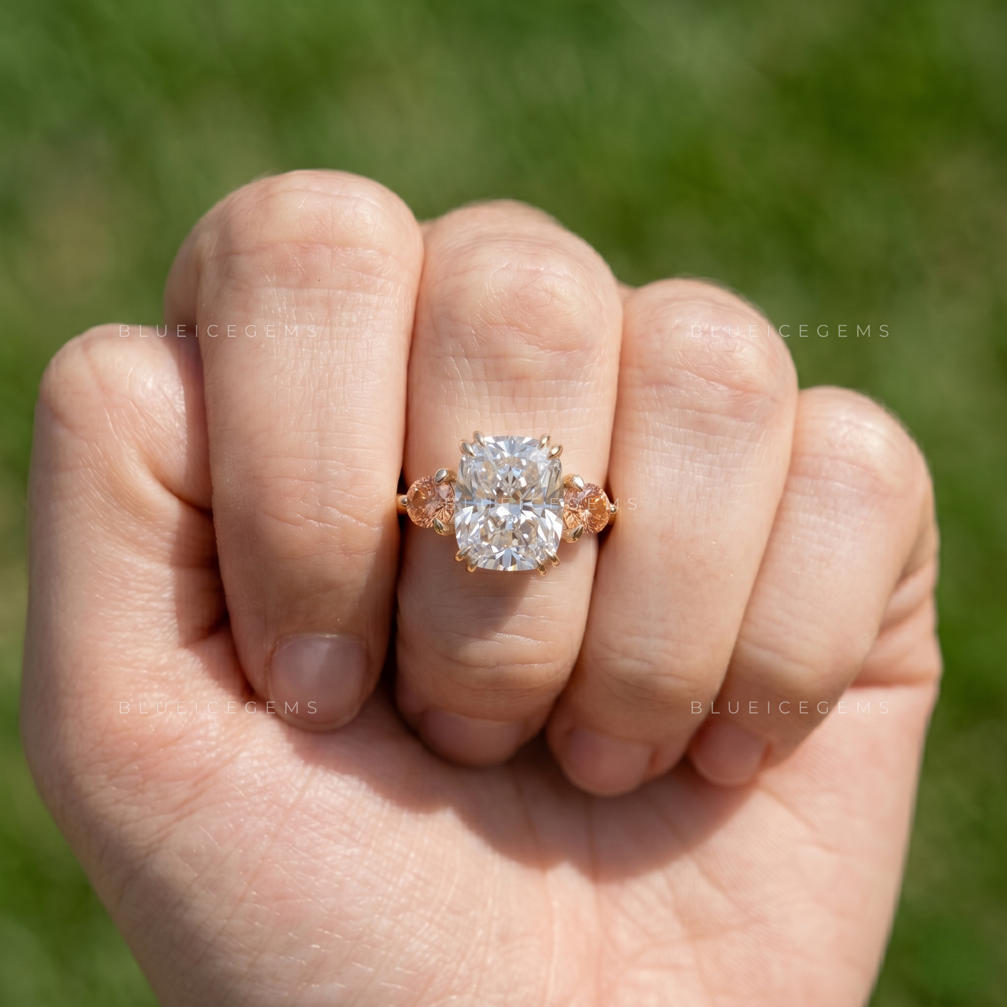 Enchanted Romance Cushion Cut Trilogy Side Peach Morganite Engagement Ring