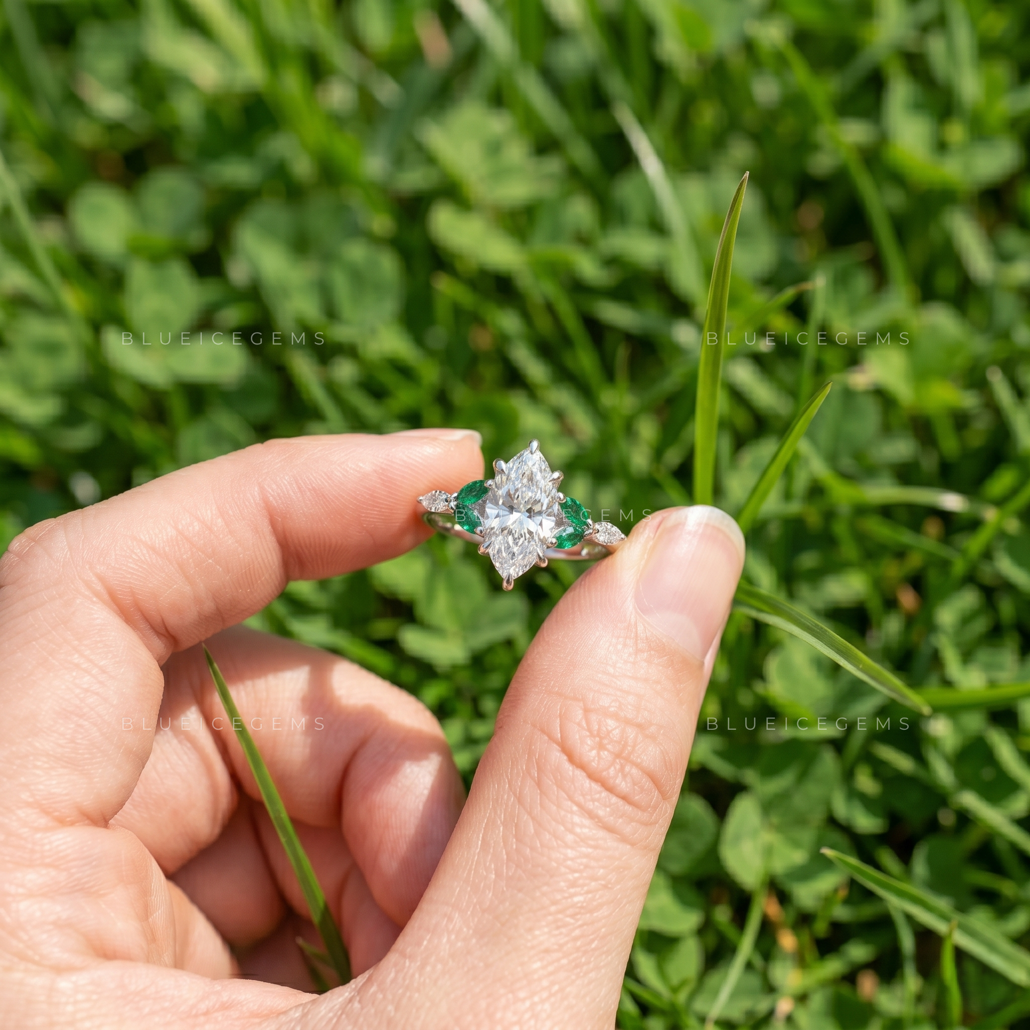 Enchanting Marquise Cut Botanical Inspired Gemstone Trilogy Ring