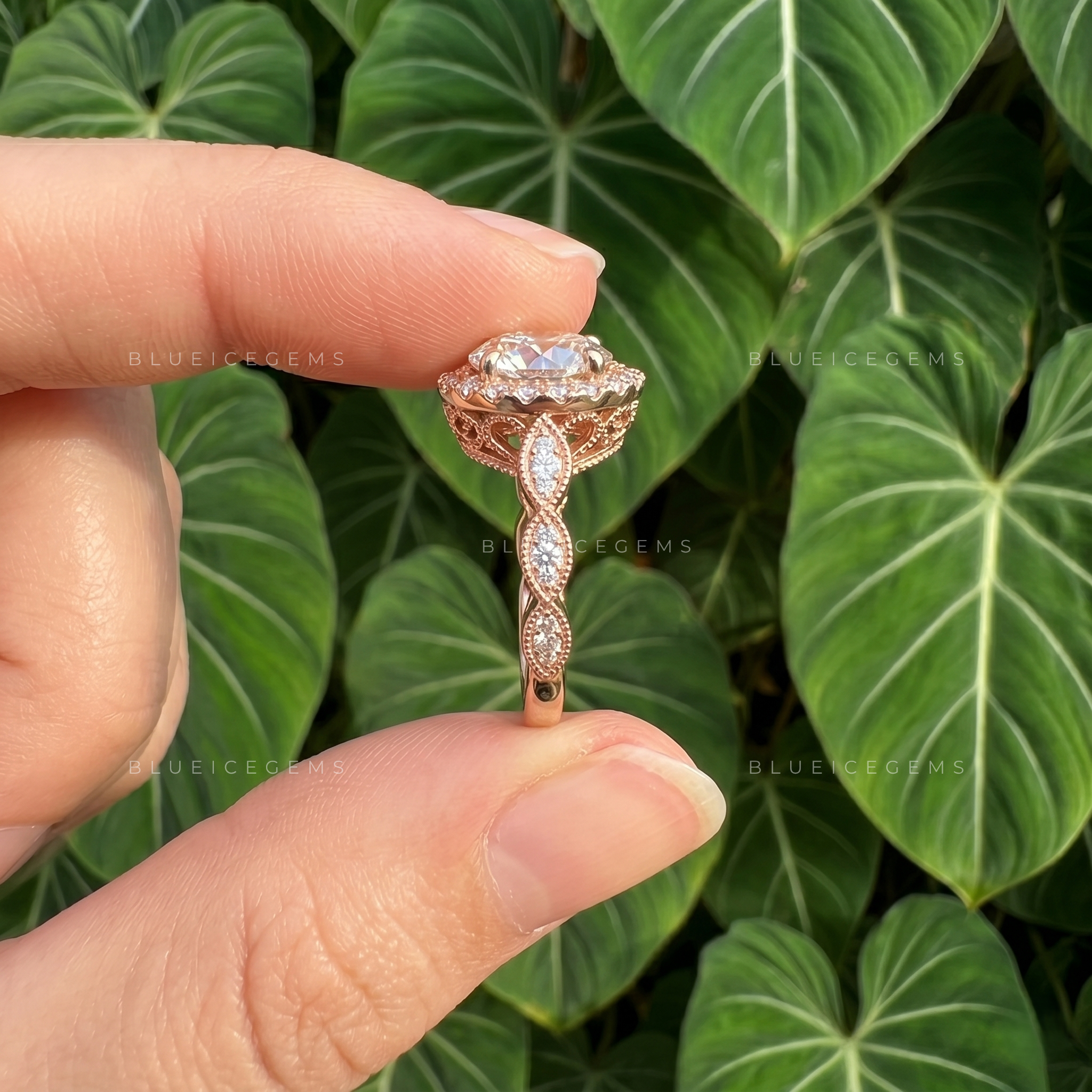 Art Deco Round Cut Halo Cathedral Engagement Ring