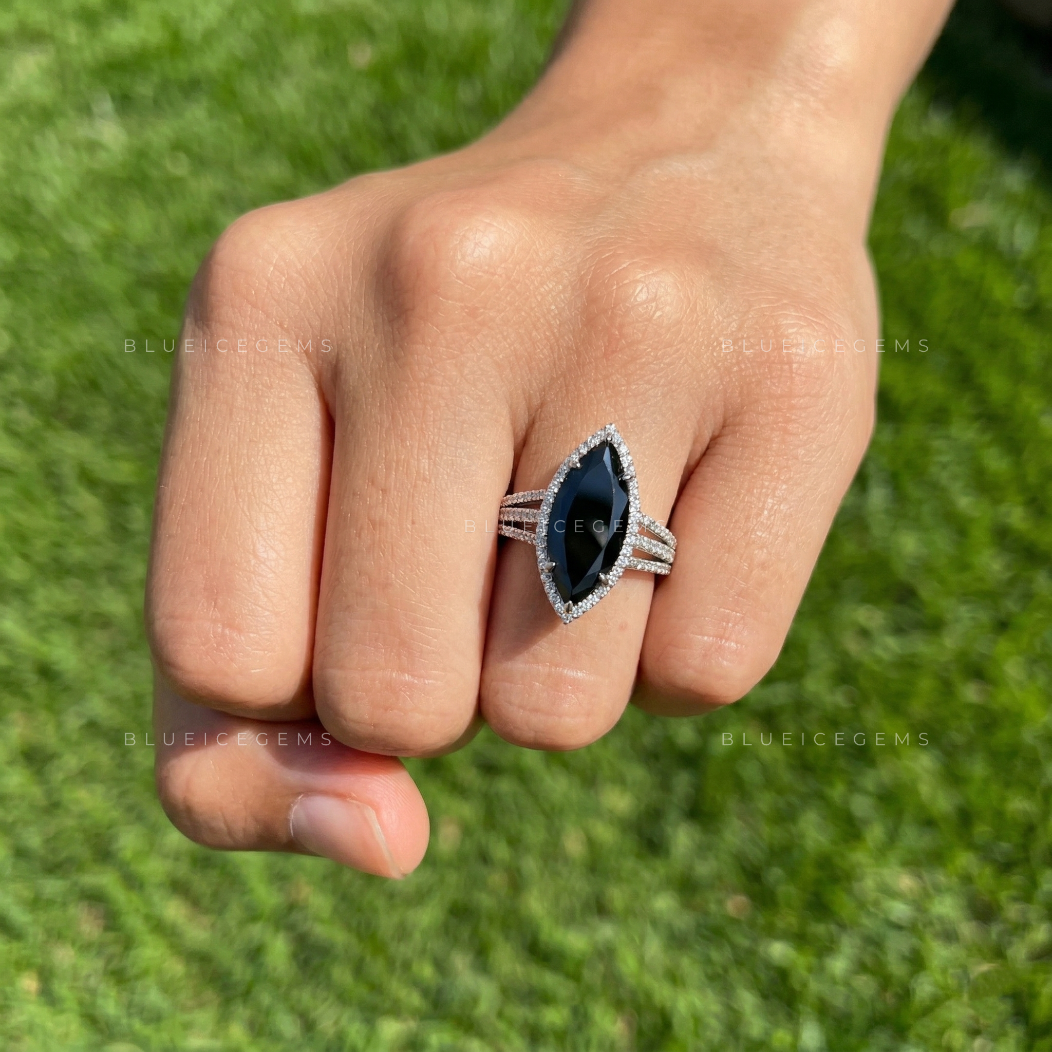 Midnight Noir Marquise Cut Black Diamond Grand Halo Ring