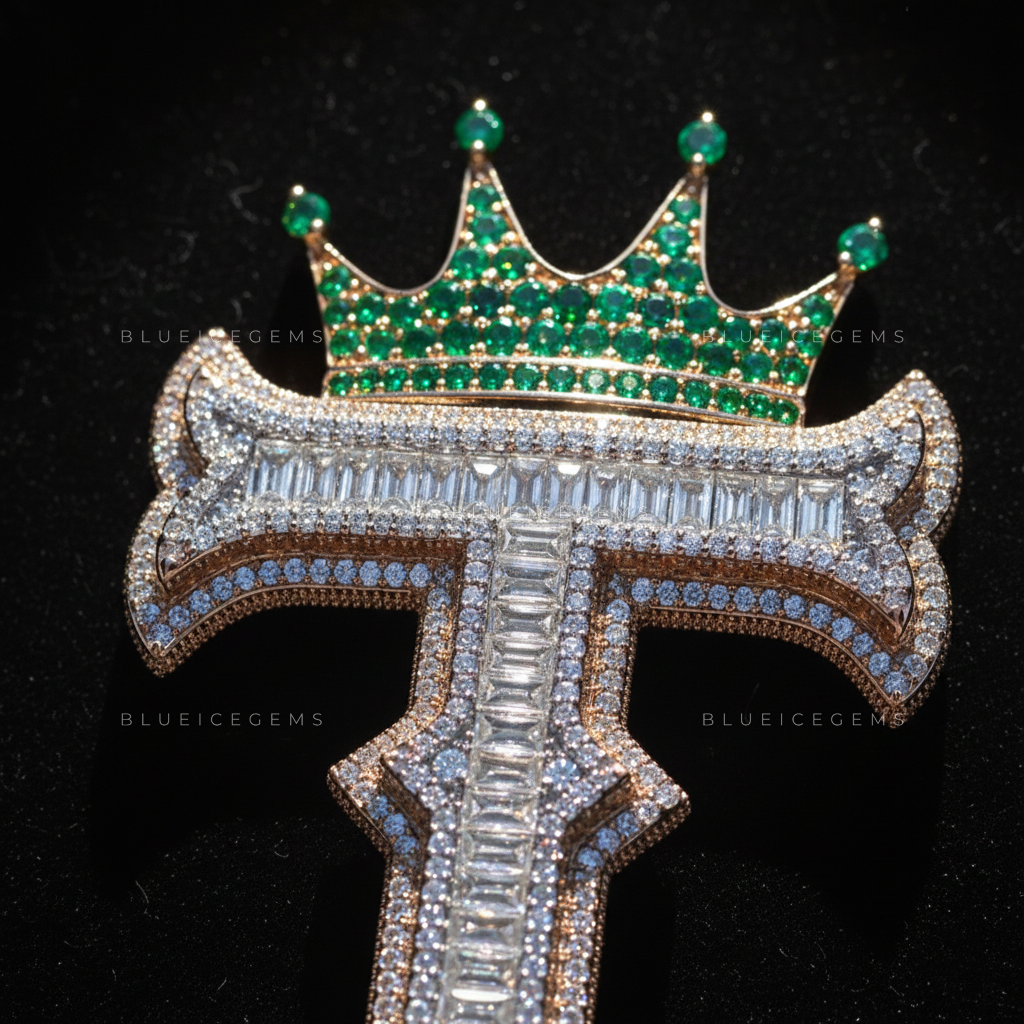 The "T" Royal Emerald: Baguette-Fusion Gothic Script & Emerald-Encrusted Crown