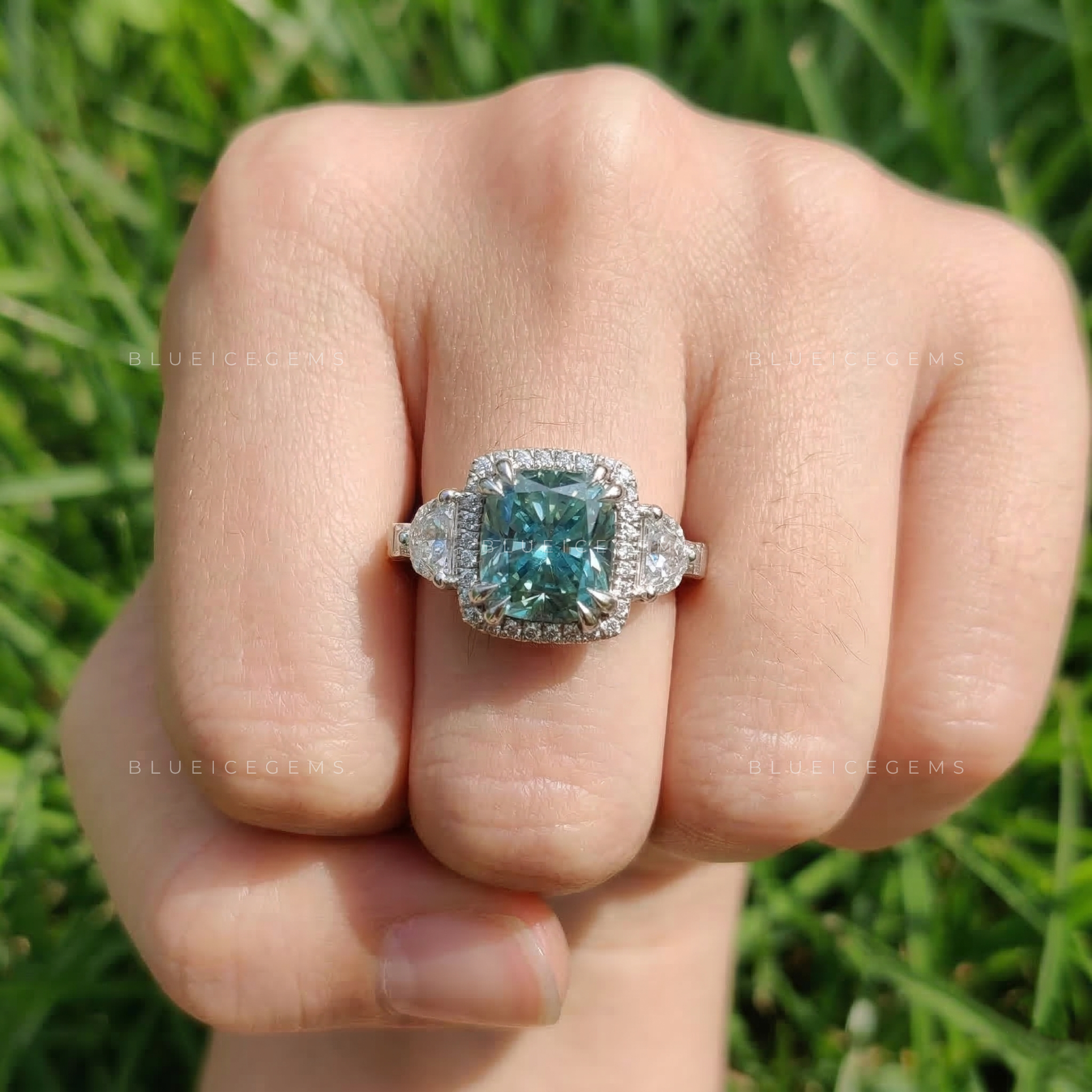 Azure Serenity Cushion and Halfmoon Five-Stone Ring
