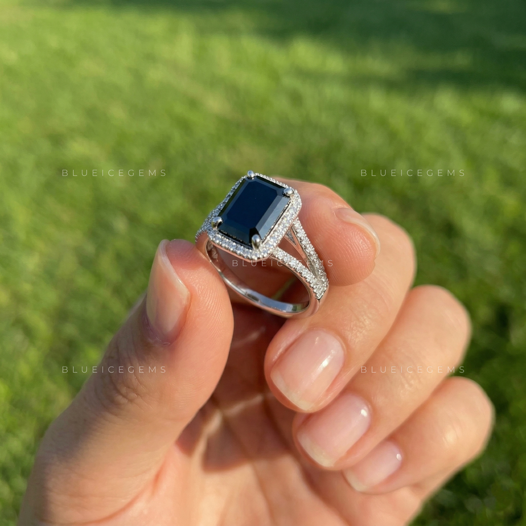 Midnight Noir Emerald Cut Black Diamond Halo Engagement Ring