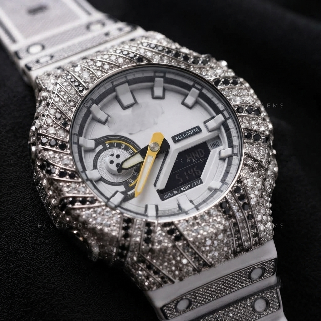 Arctic Noir Bust Down Watch – Hand-Set Moissanite