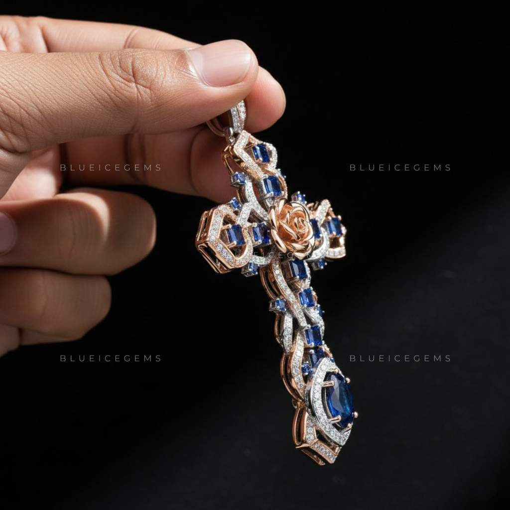 The Royal Rose Cross: Interwoven Cobalt Sapphire & Diamond Lattice
