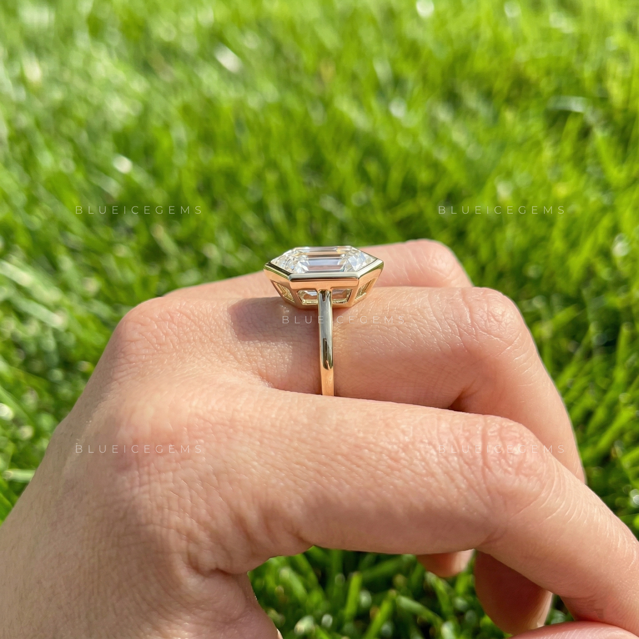 Geometric Hexagon Step Cut Bezel Set Cathedral Engagement Ring