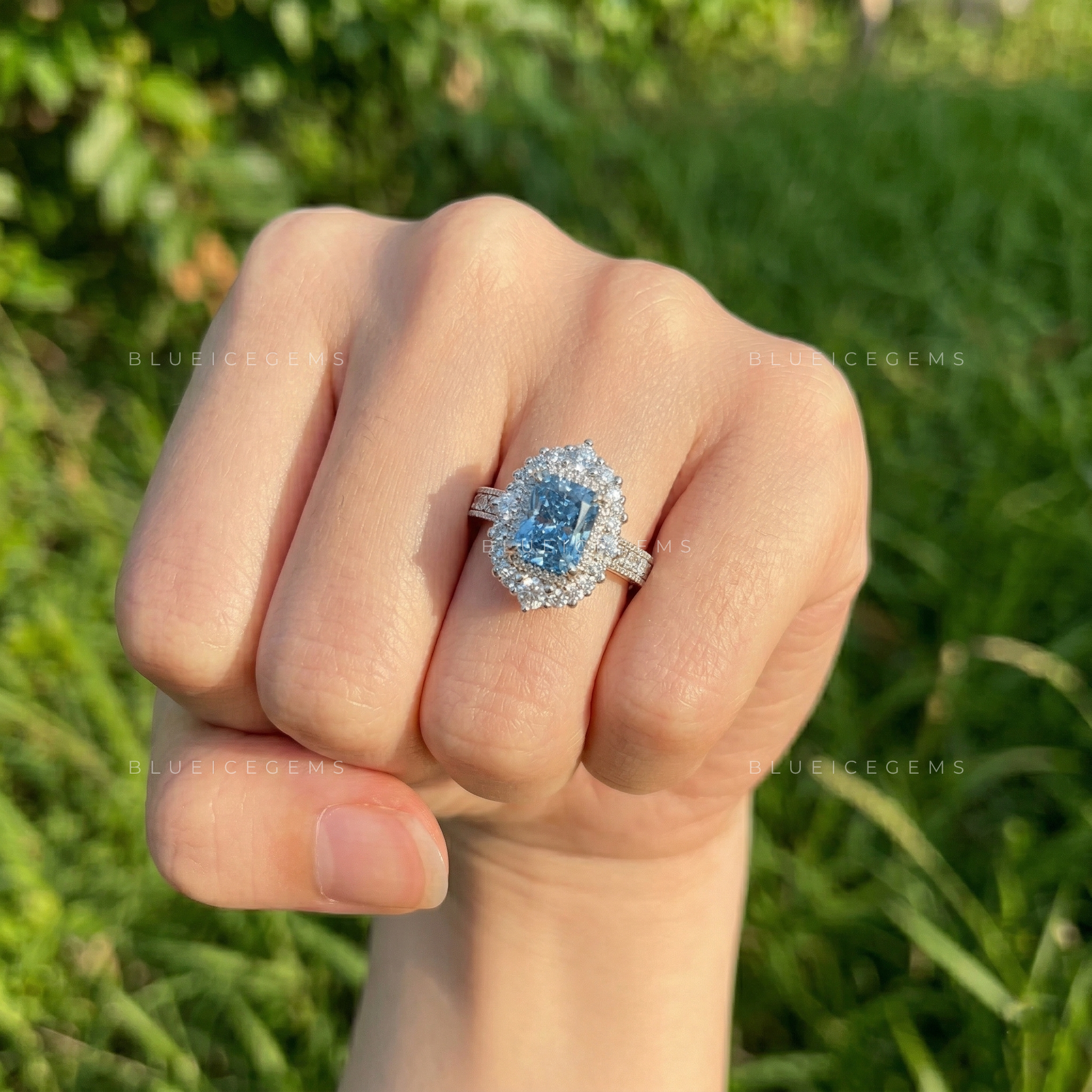 Oceanic Radiance Blue Radiant Cut Pavé Engagement Ring