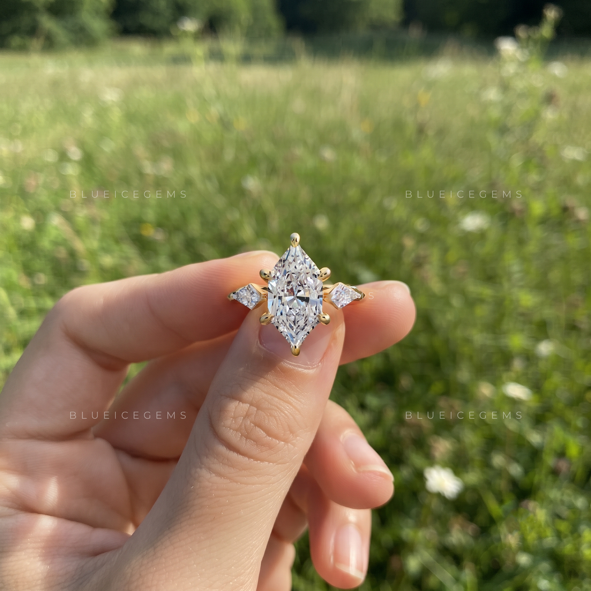 Celestara Dutch Marquise Three-Stone Kite Engagement Ring