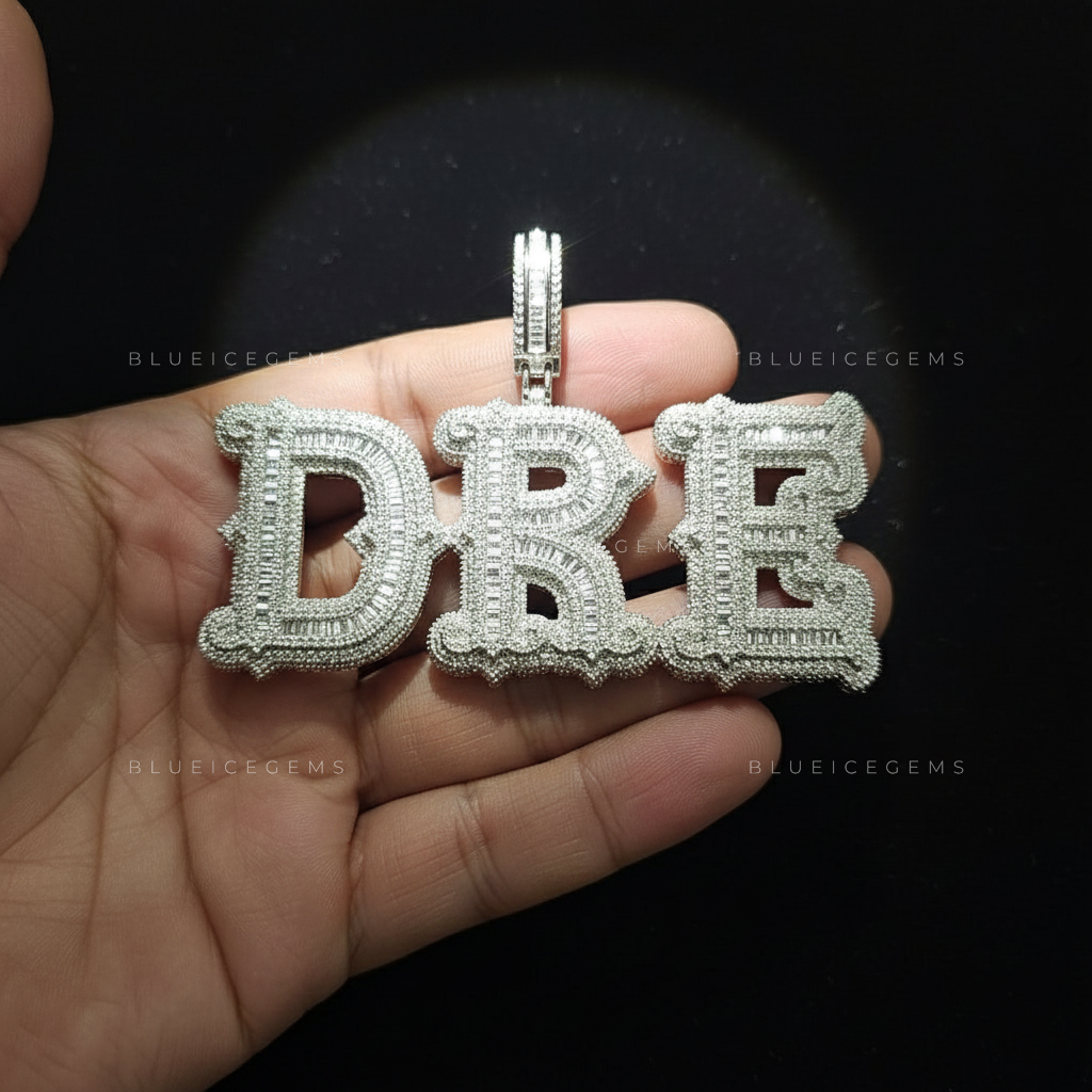 "DRE" Custom Gothic Script Iced-Out Pendant with Baguette and Round Diamonds
