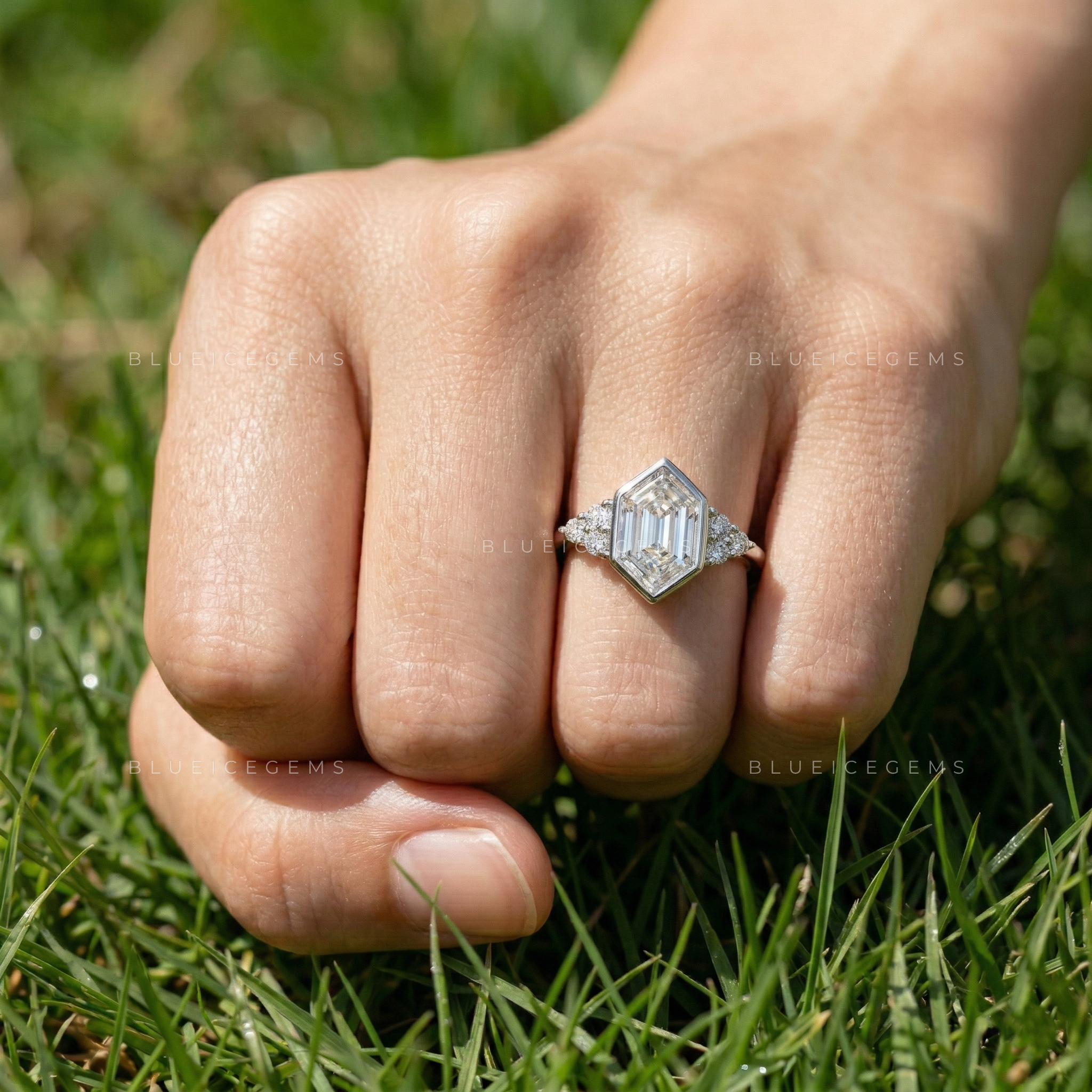 Architectural Sophistication Hexagon Step Cut Trilogy Engagement Ring