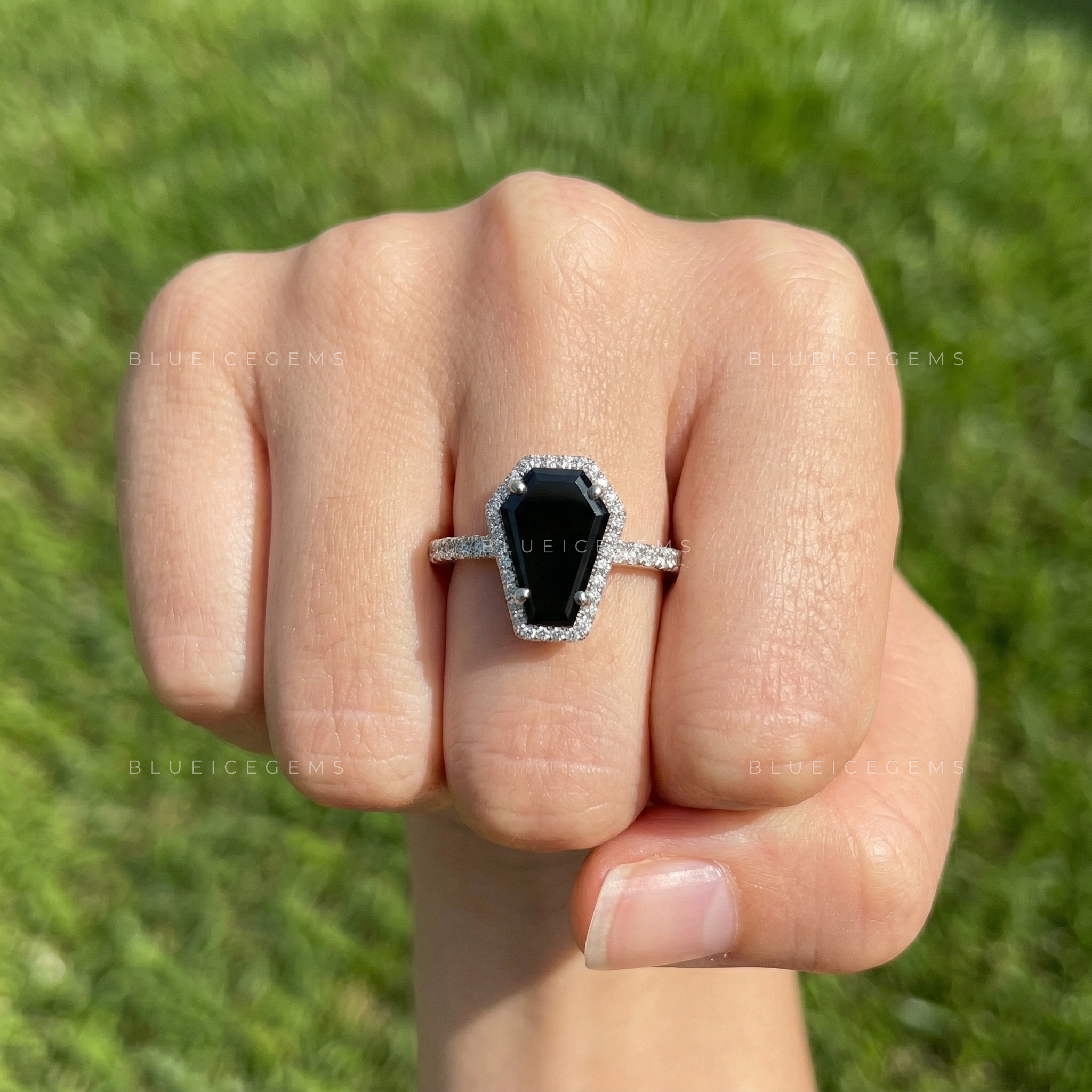 Midnight Noir Coffin Cut Black Moissanite Halo Engagement Ring
