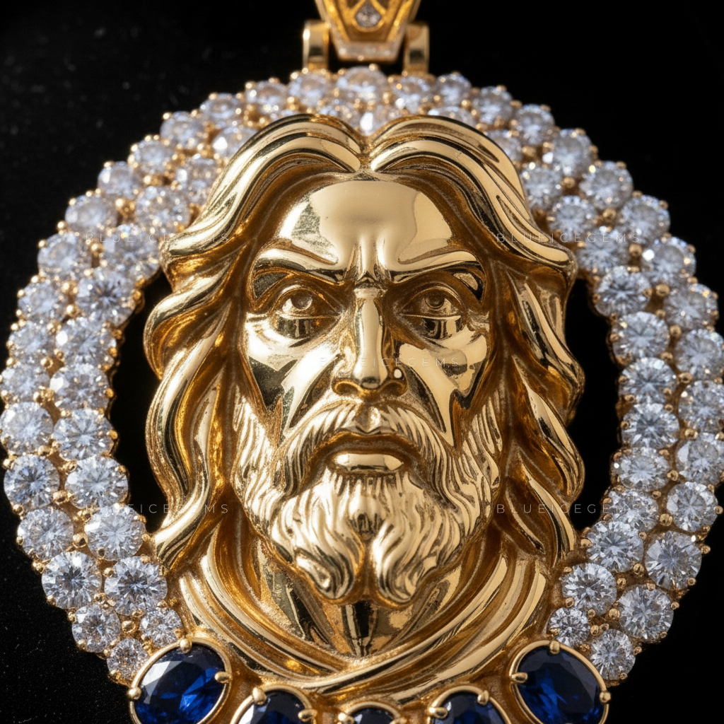 The "Divine Sovereign" Medallion: Sculptural Gold Portrait & Azure Sapphire Halo