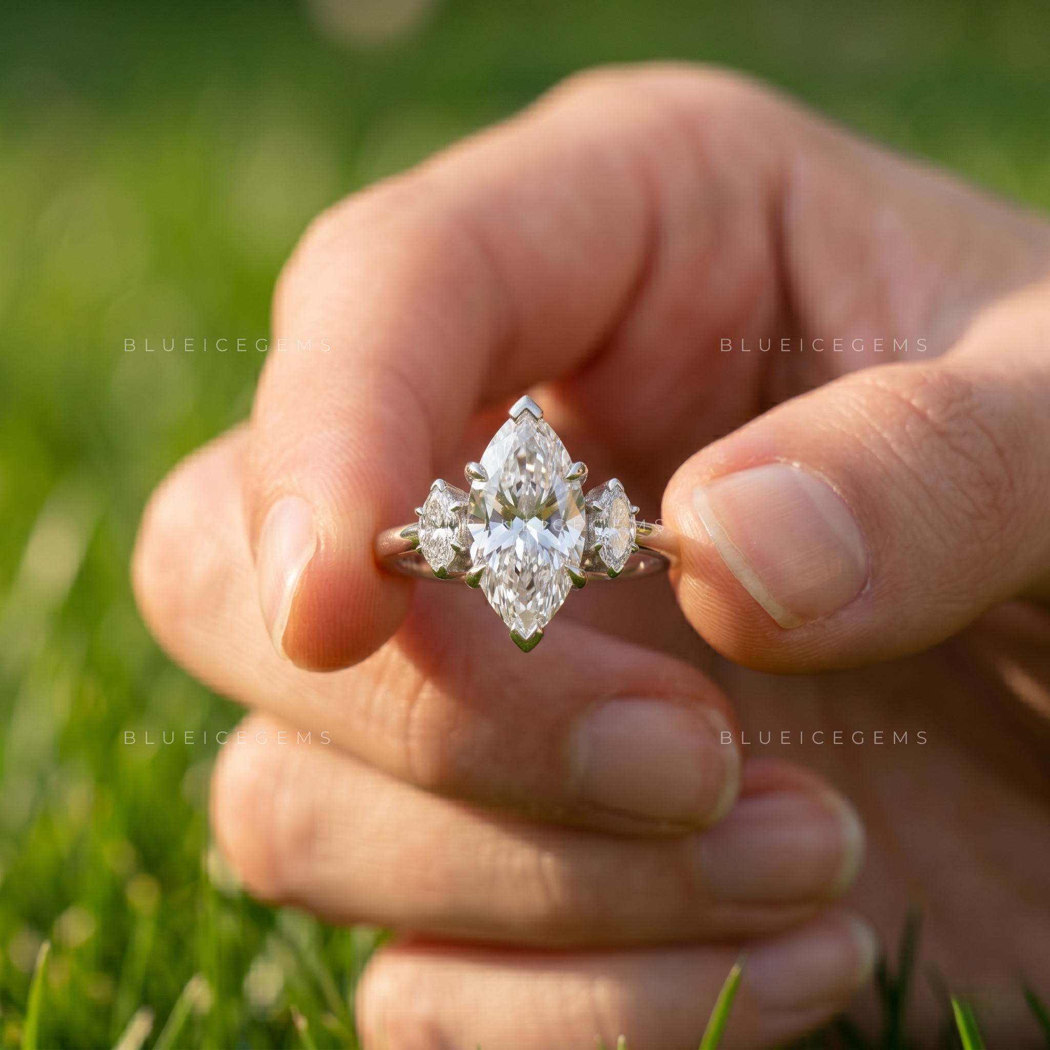 Opulent Triple Marquise Brilliant Cut Victorian Inspired Engagement Ring