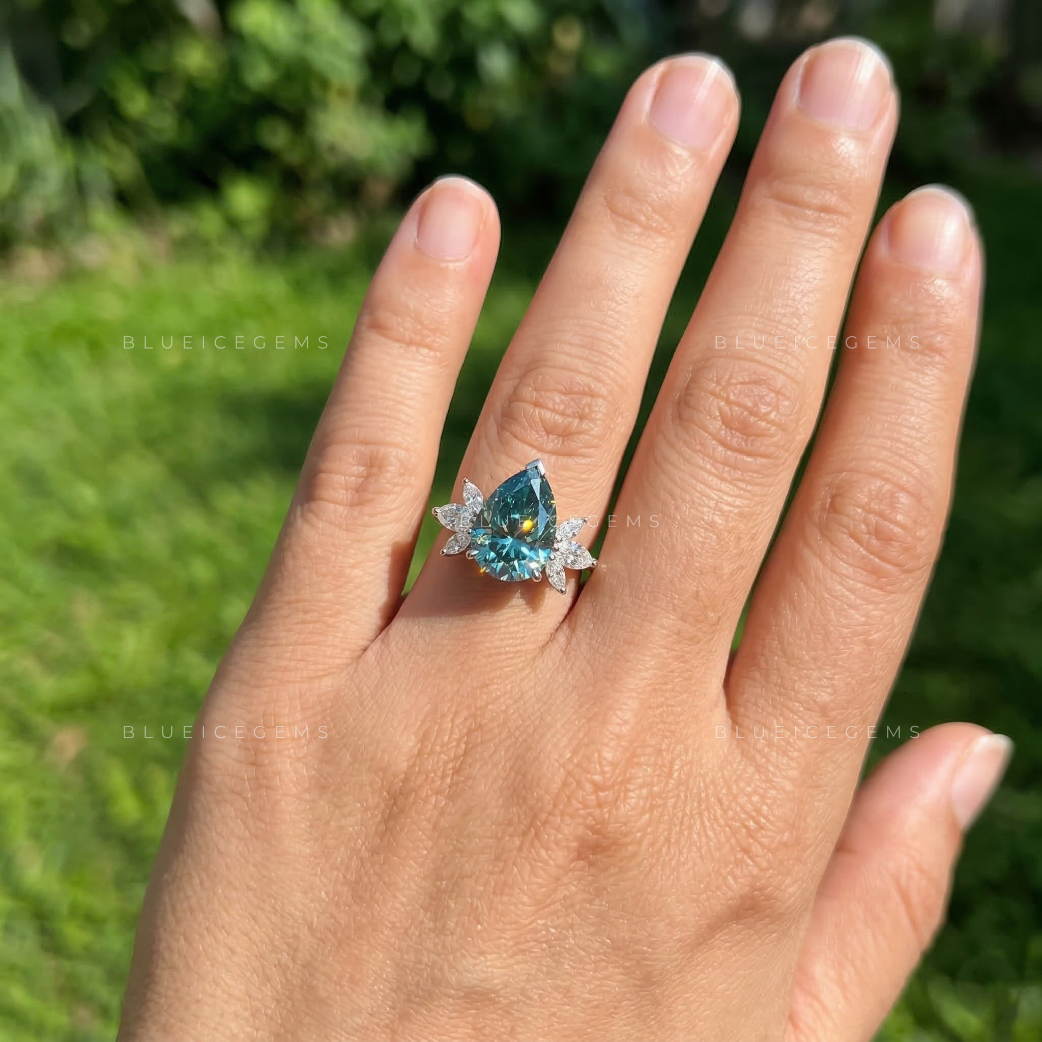 Oceanic Mist Pear Cut Cluster Ring