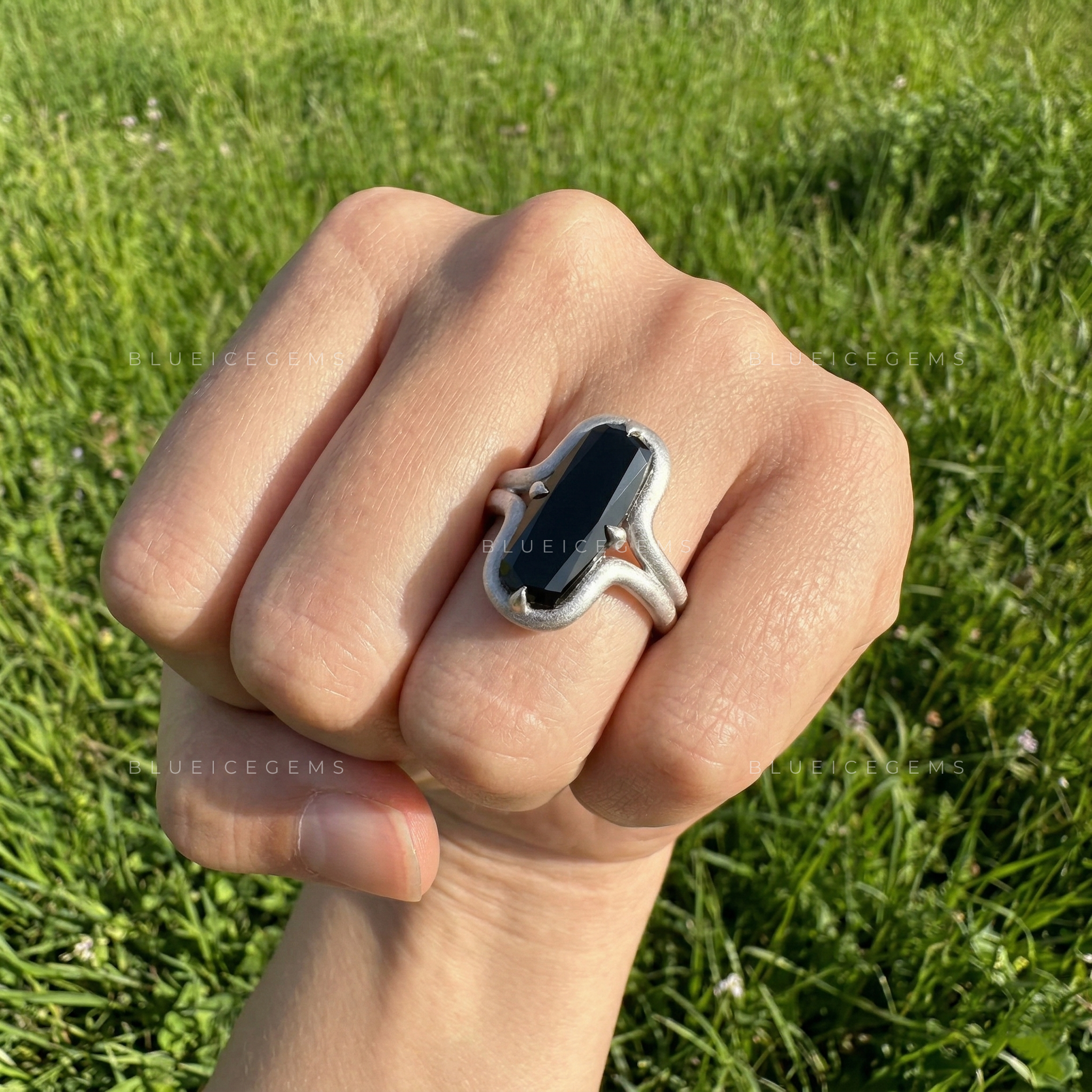 Midnight Noir Cushion Cut Black Moissanite Compass Set Ring