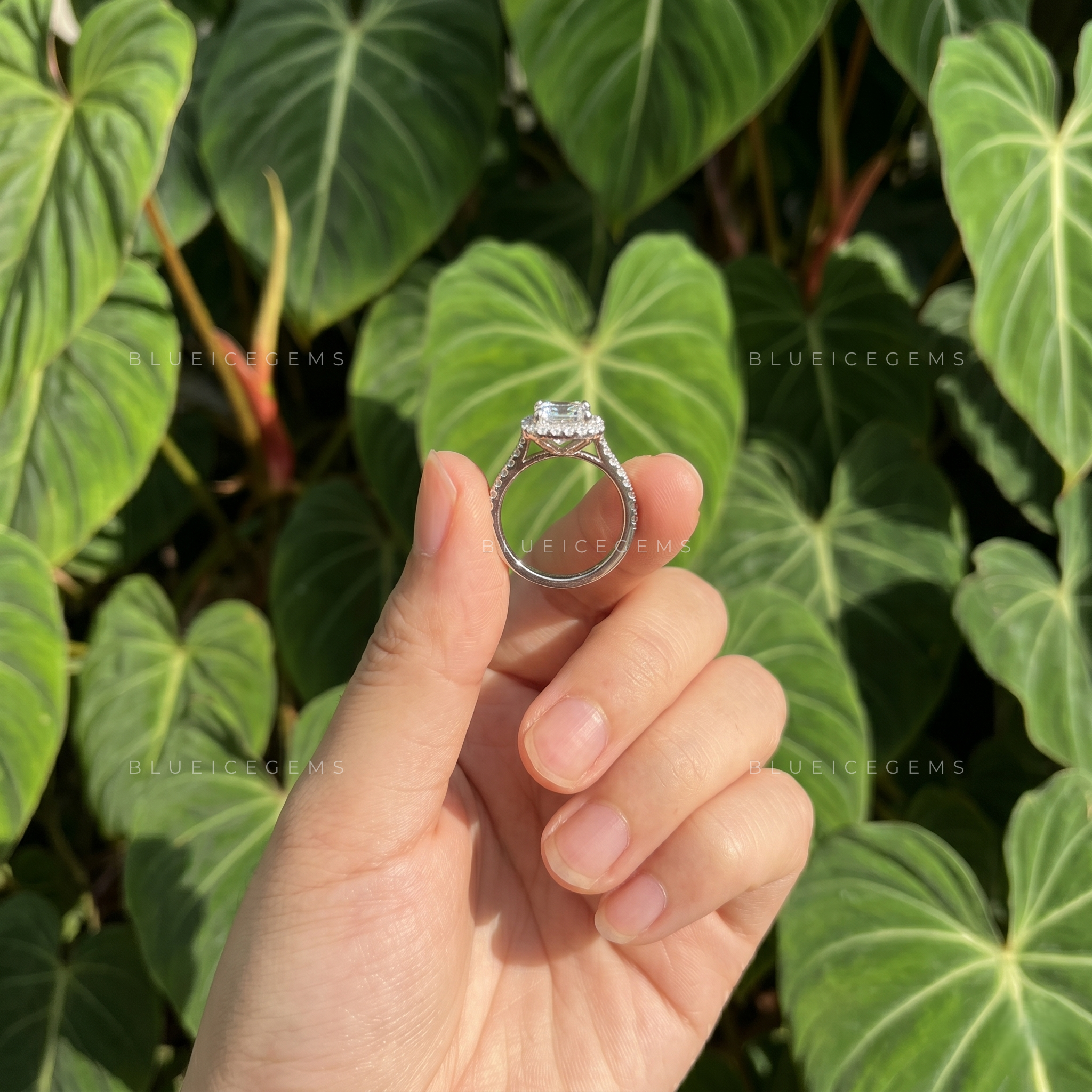 Opulent Harmony Emerald Cut Halo Engagement Ring with Pavé Band