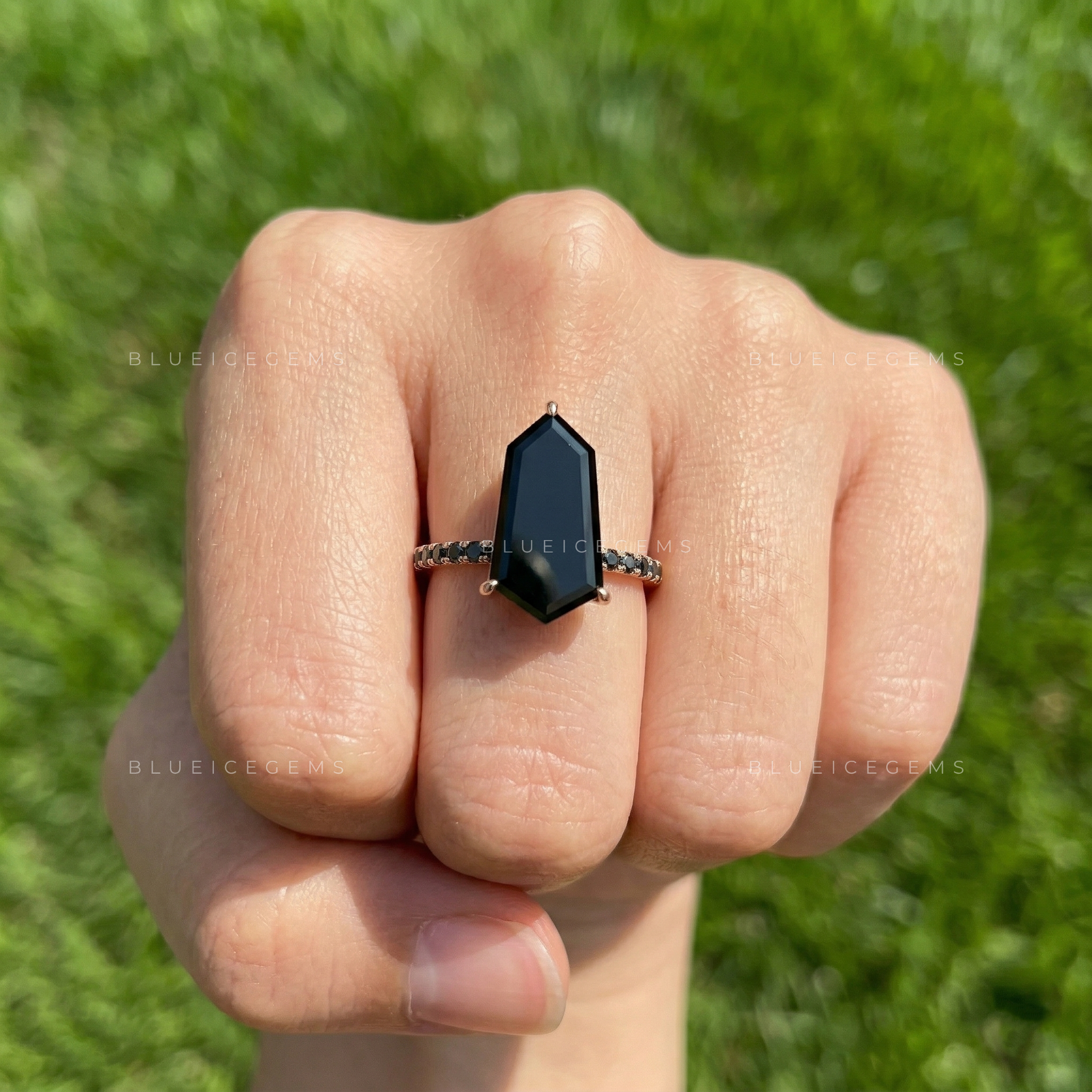 Modern Noir Shield Cut Black Diamond Halo Engagement Ring